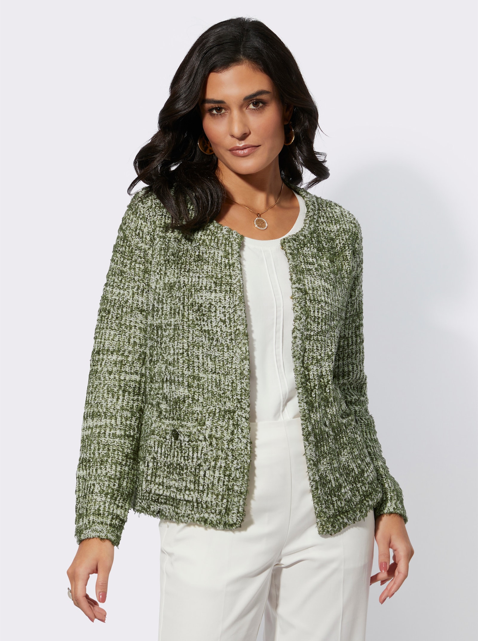 Strickjacke mit Hakenverschluss - ecru-khaki-gemustert