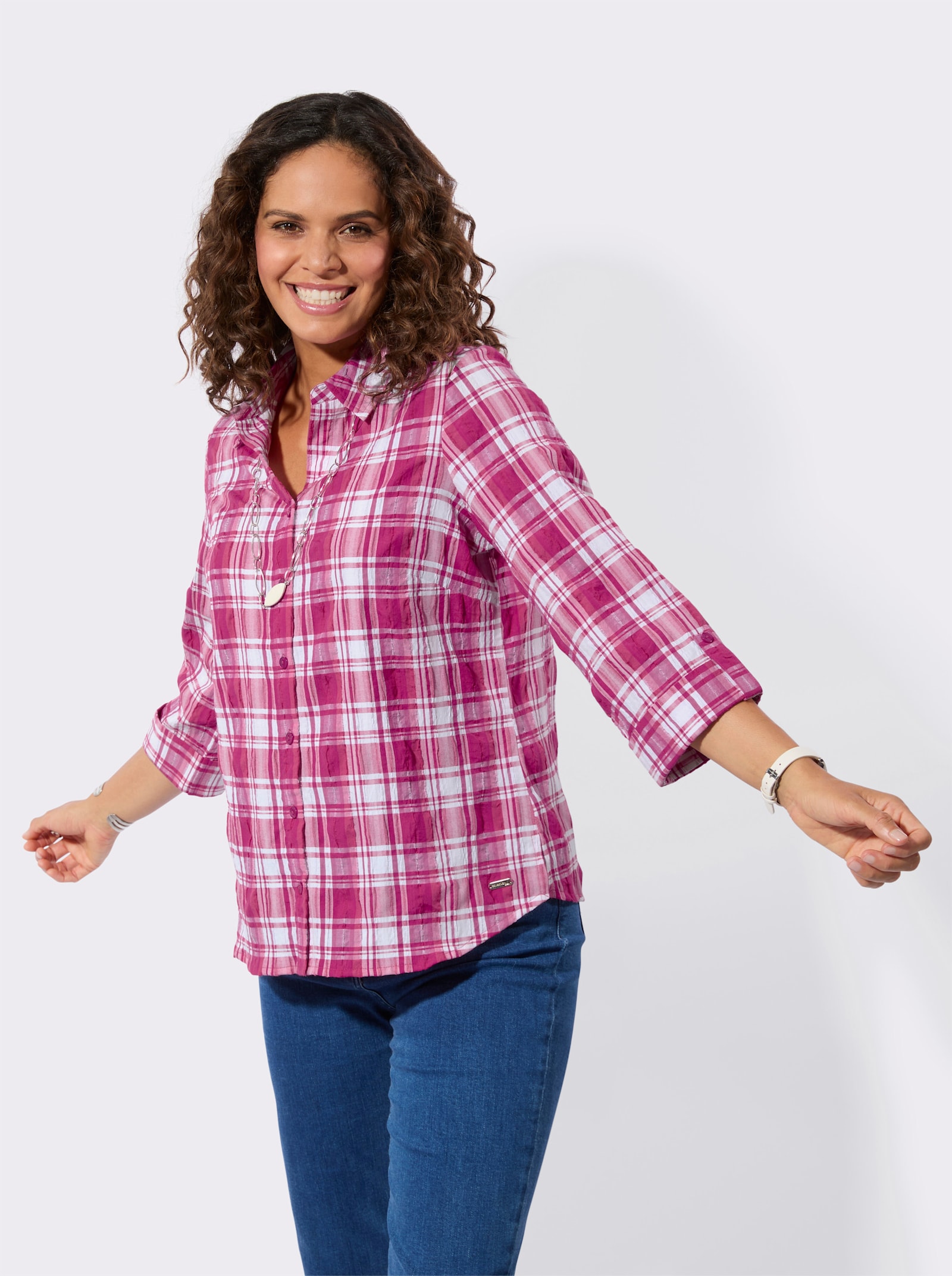 Geruite blouse van seersucker - magenta/wit geruit