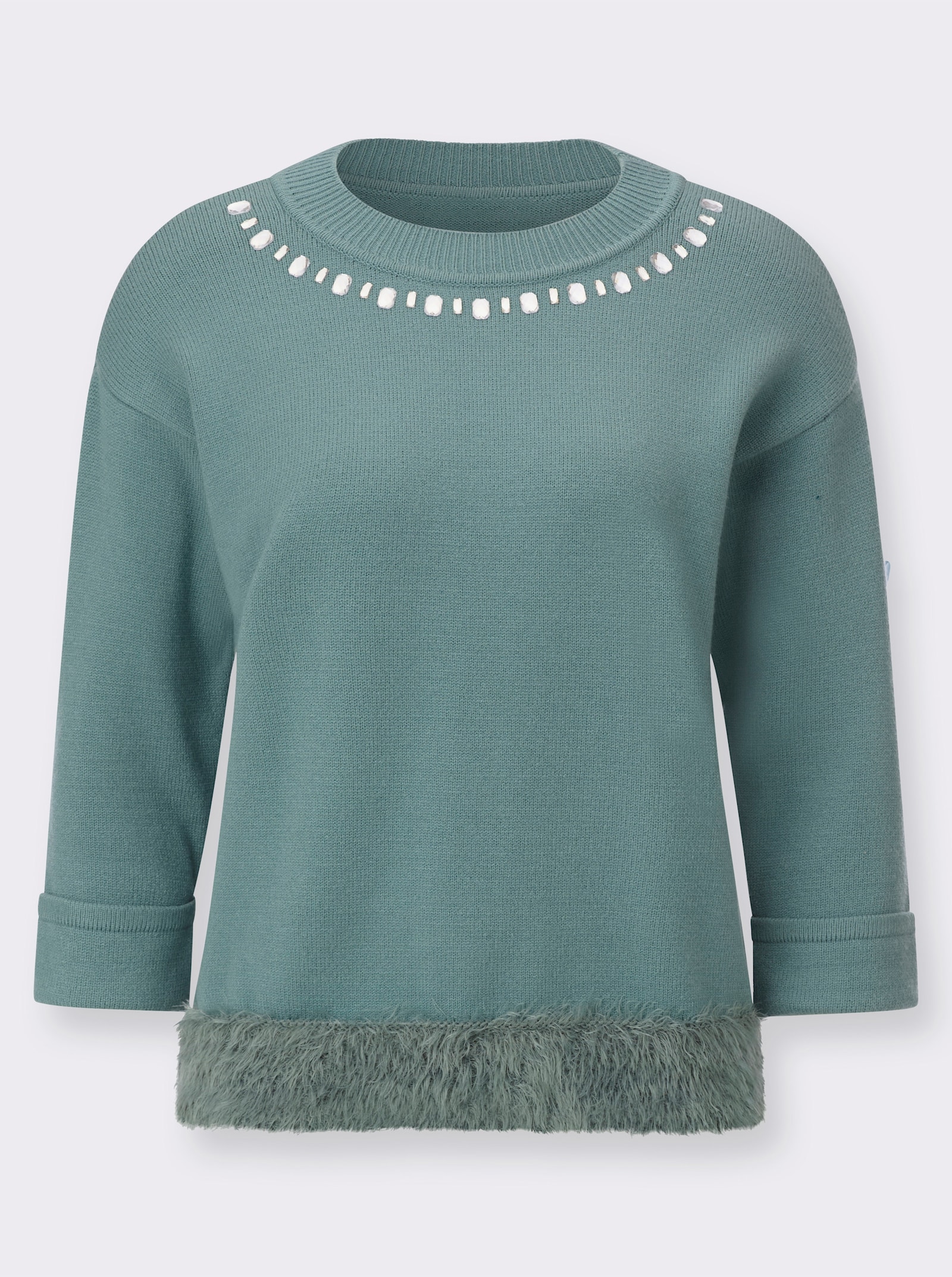 3/4 Arm-Pullover mit Saum aus Flauschgarn - jade