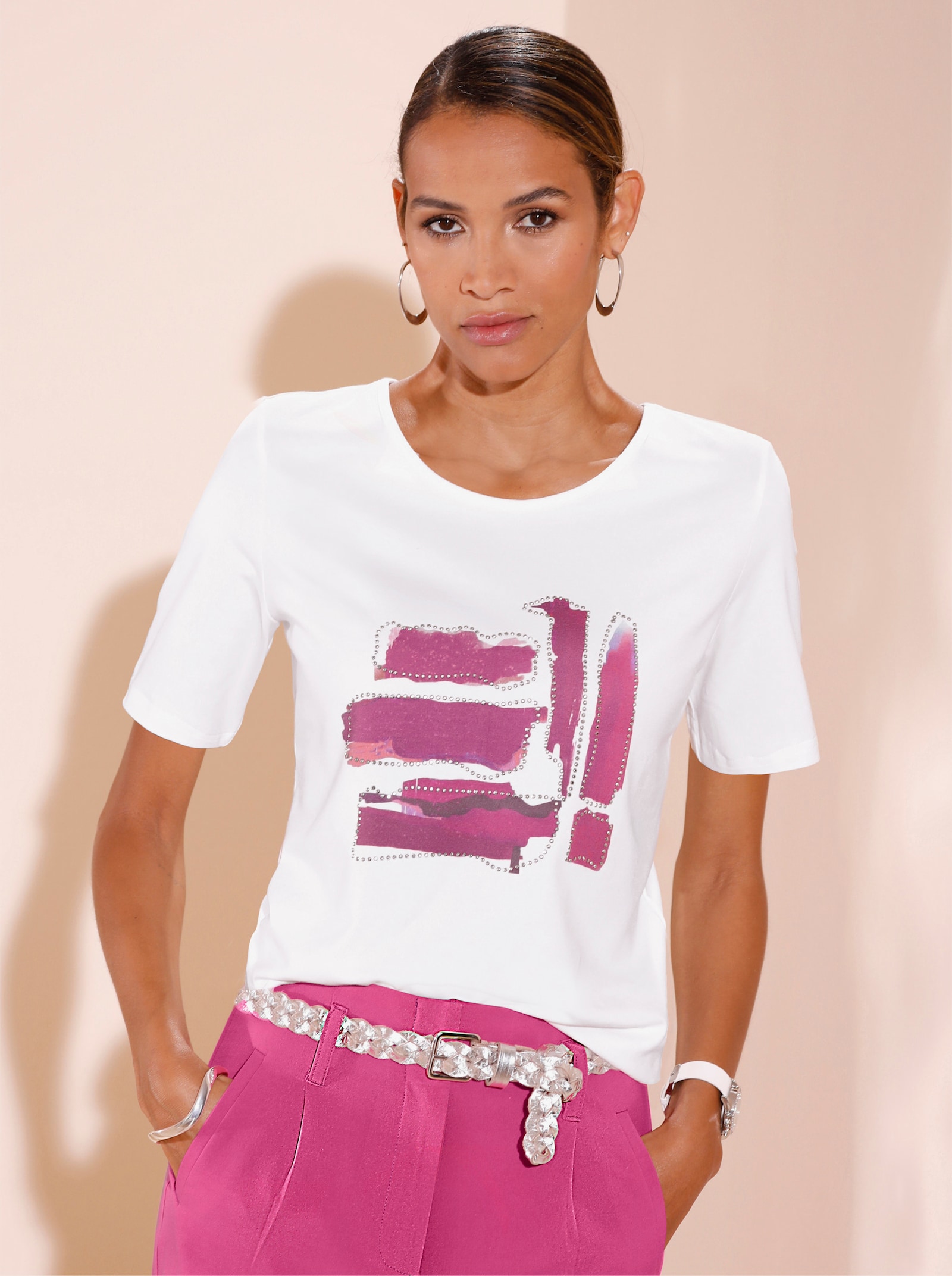 Kurzarmshirt mit Glitzersteinchen - ecru-fuchsia-bedruckt