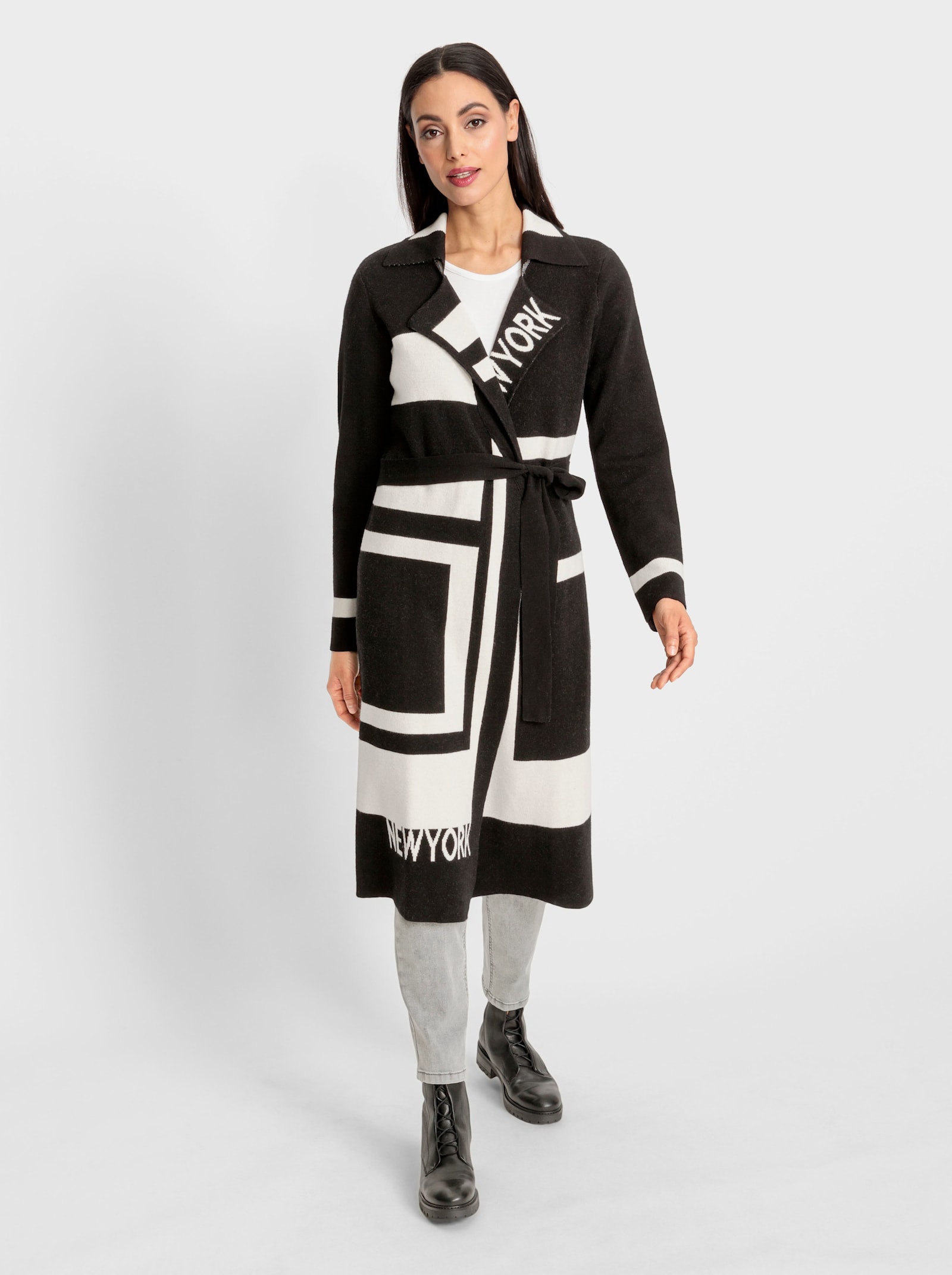 heine Strickmantel mit Reverskragen - schwarz-ecru-gemustert