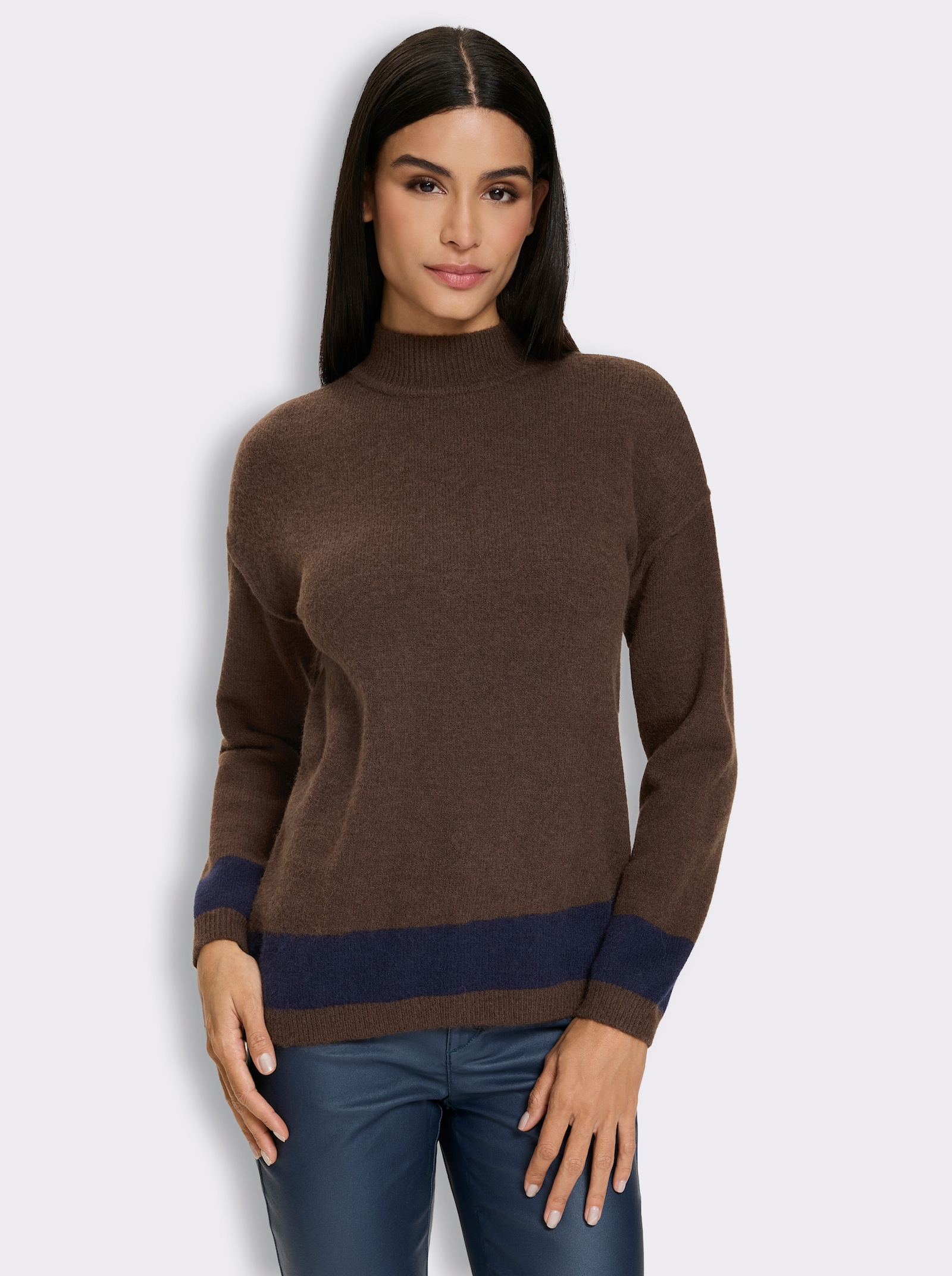 heine Stehkragenpullover mit schrägem Saum - schoko-marine