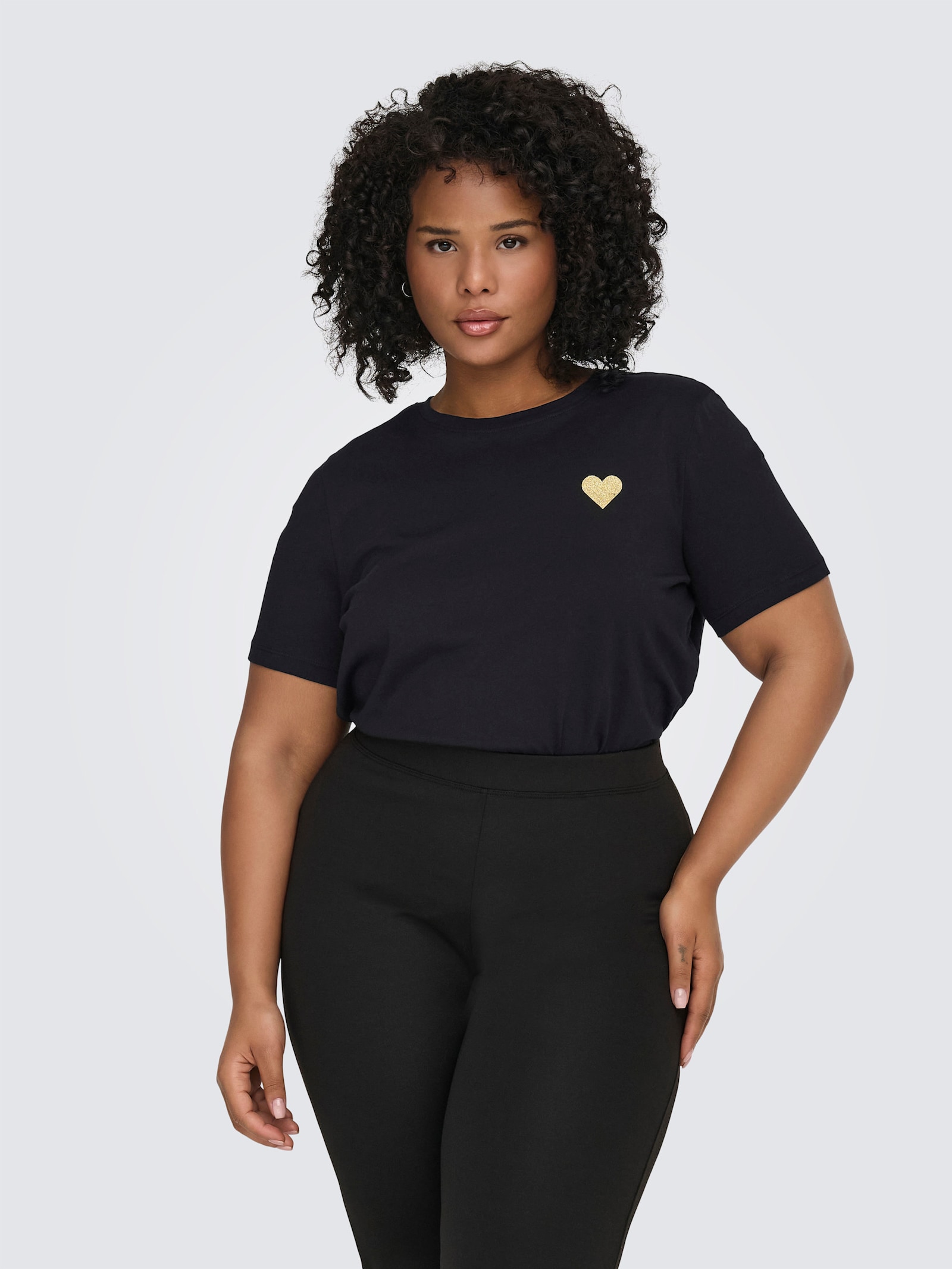 ONLY CARMAKOMA T-Shirt - black print:gold glitter heart