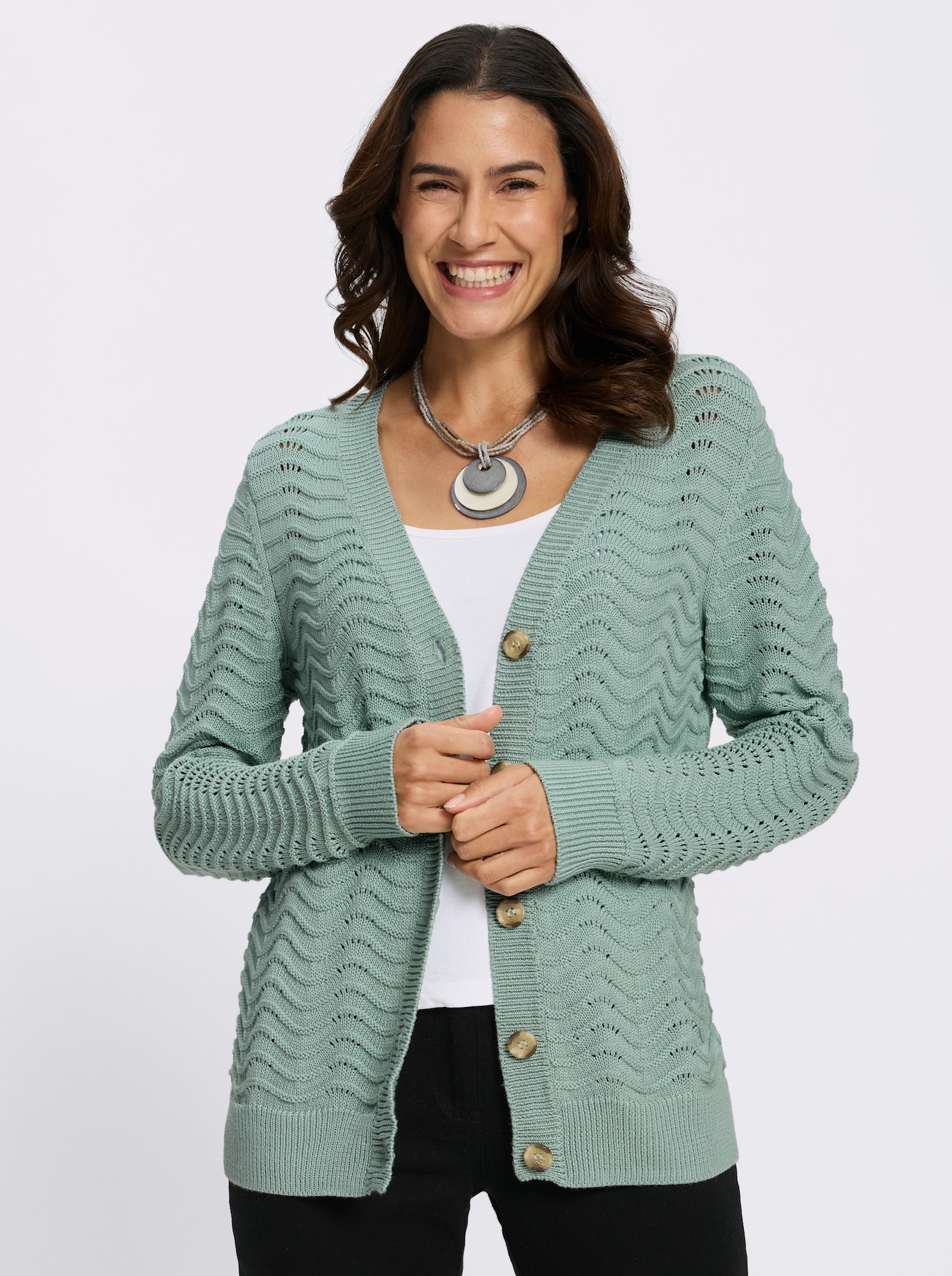 Strickjacke mit wellenförmigem Ajourmuster - kalkmint