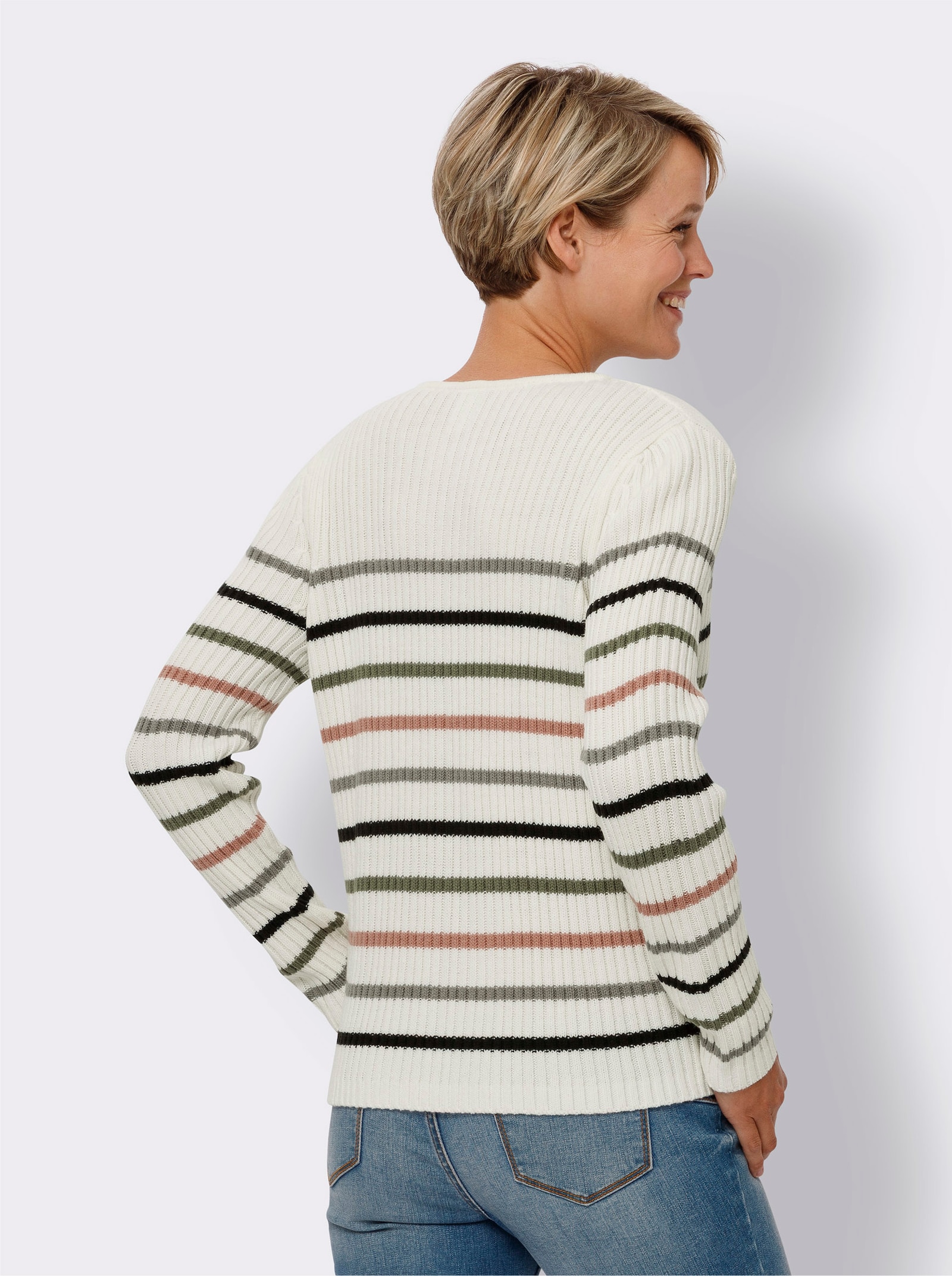 Pullover met V-hals en streepjesdessin - ecru/zwart gestreept