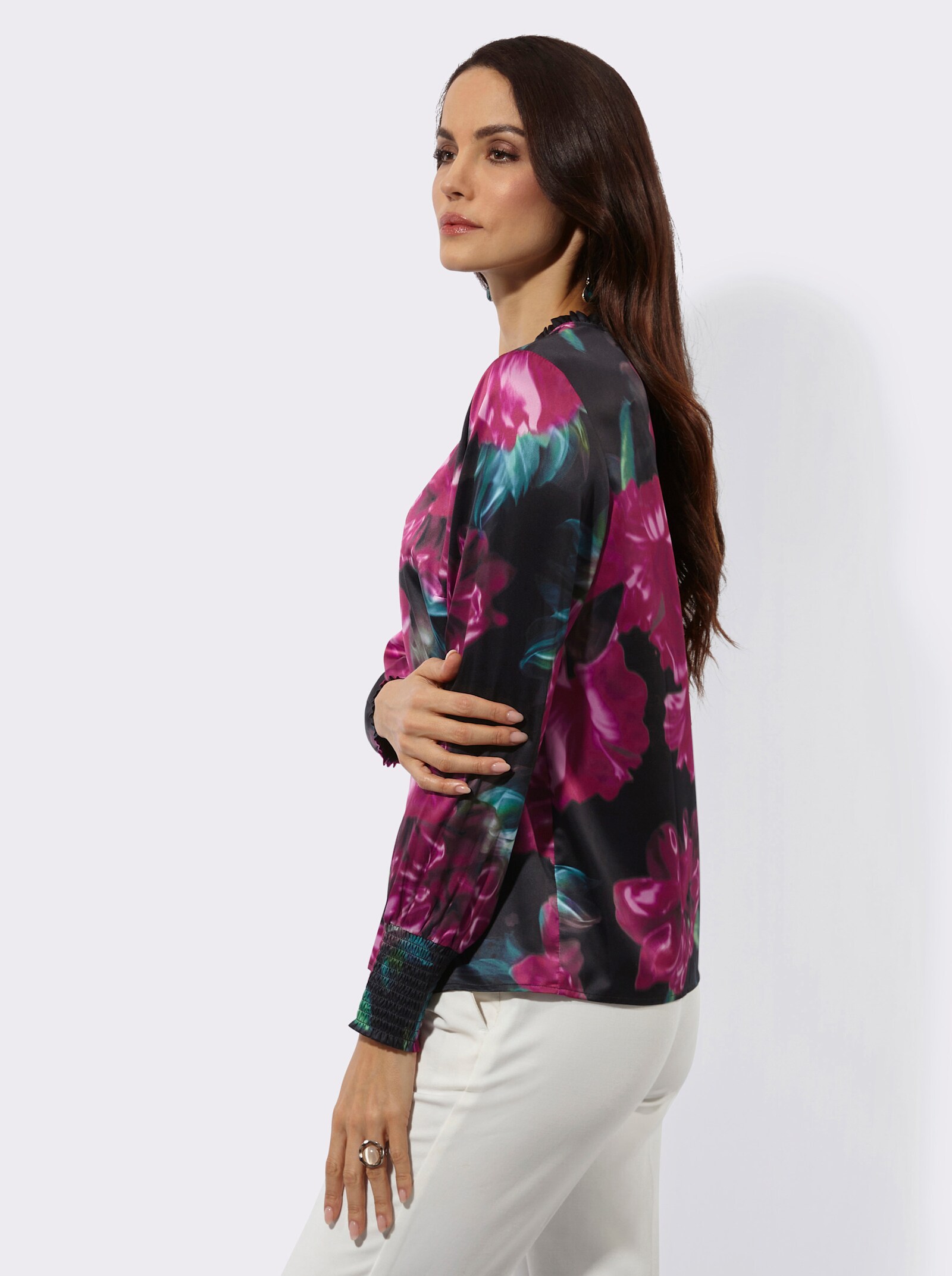 Satinbluse mit Rüschen am Kragen - schwarz-malve-bedruckt