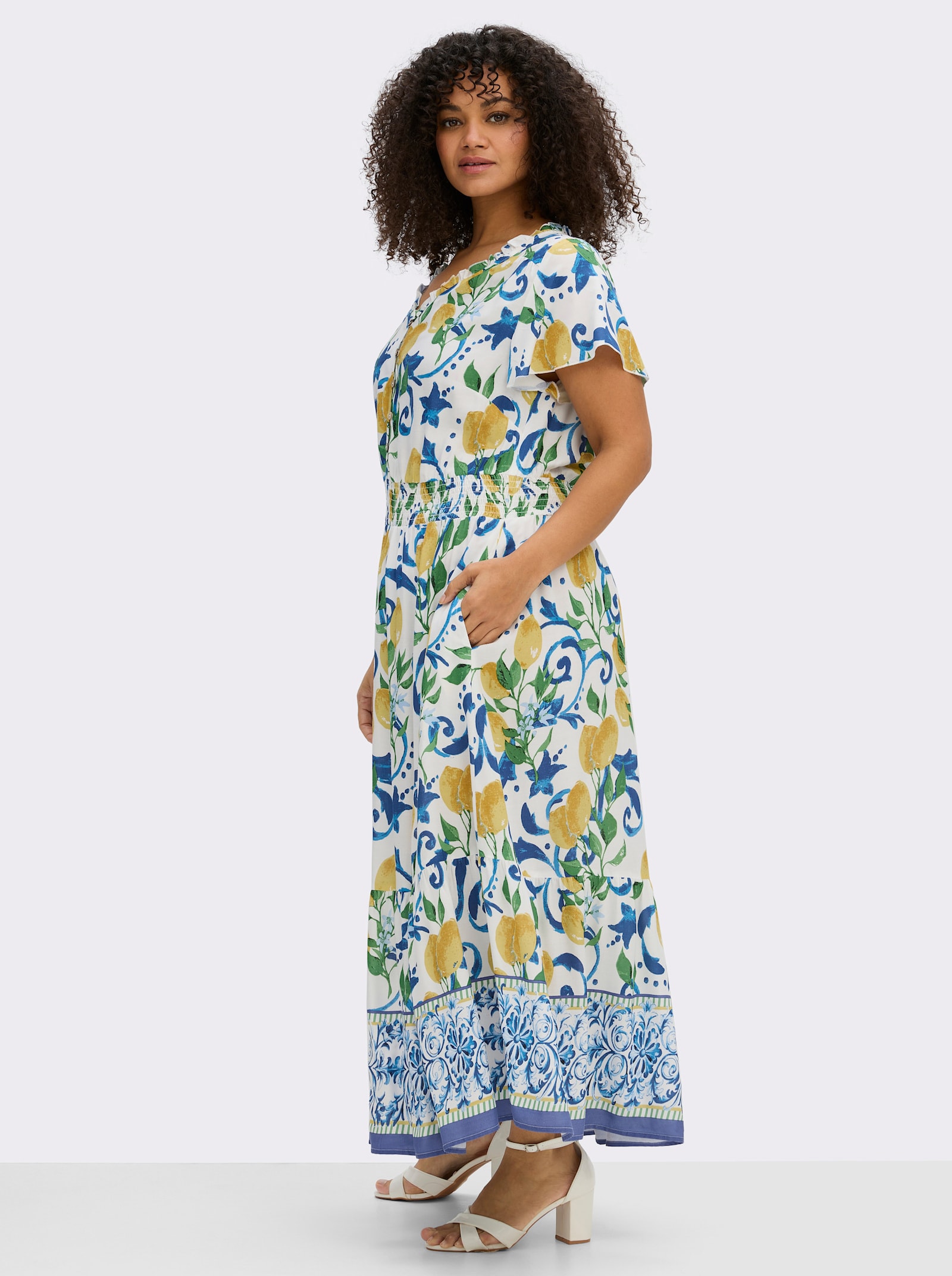 sheego by Joe Browns Maxikleid mit breitem Smokbund - weiss-sonnengelb-gemustert