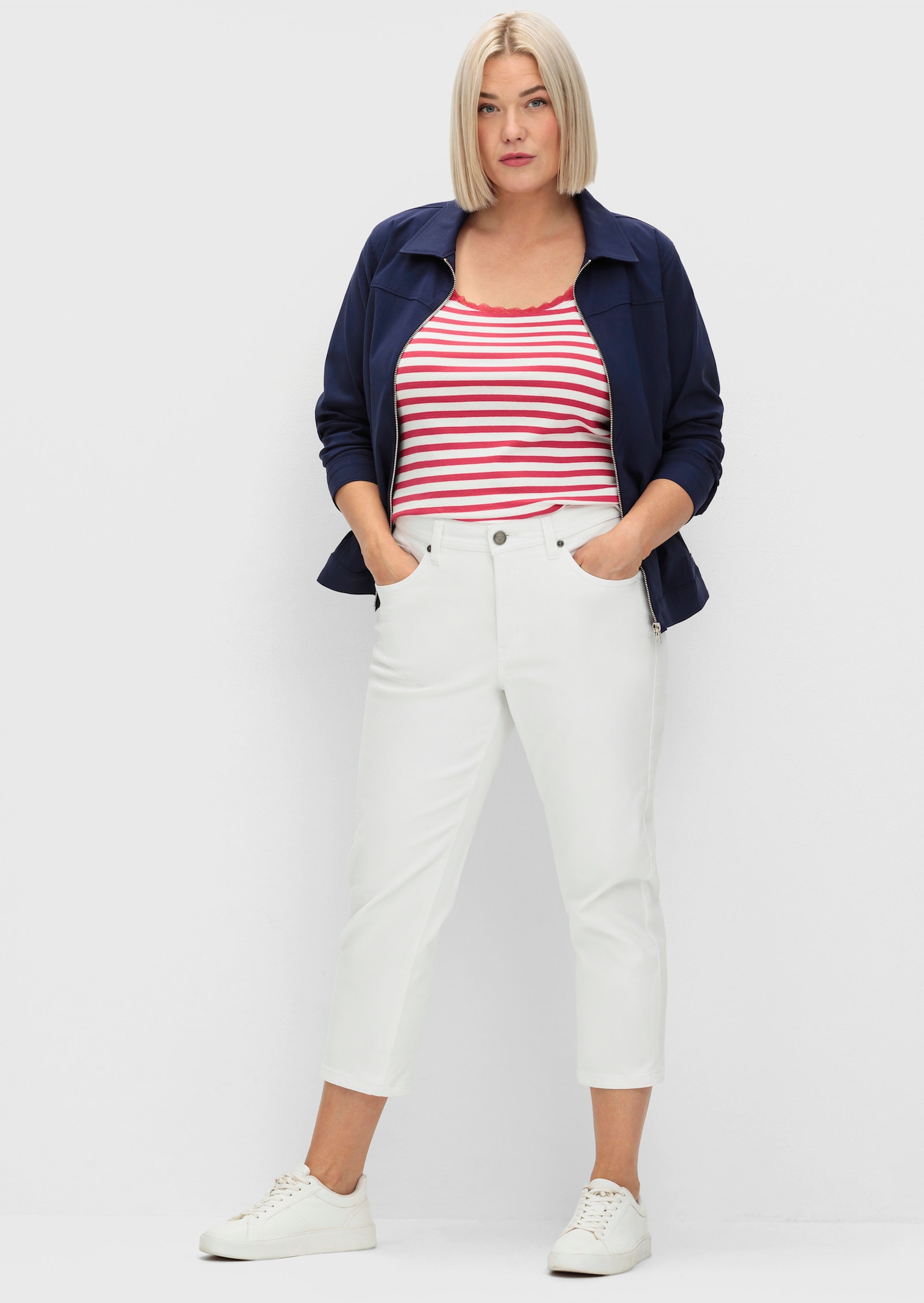 sheego 7/8-jeans in smal model, met contrastband - white denim