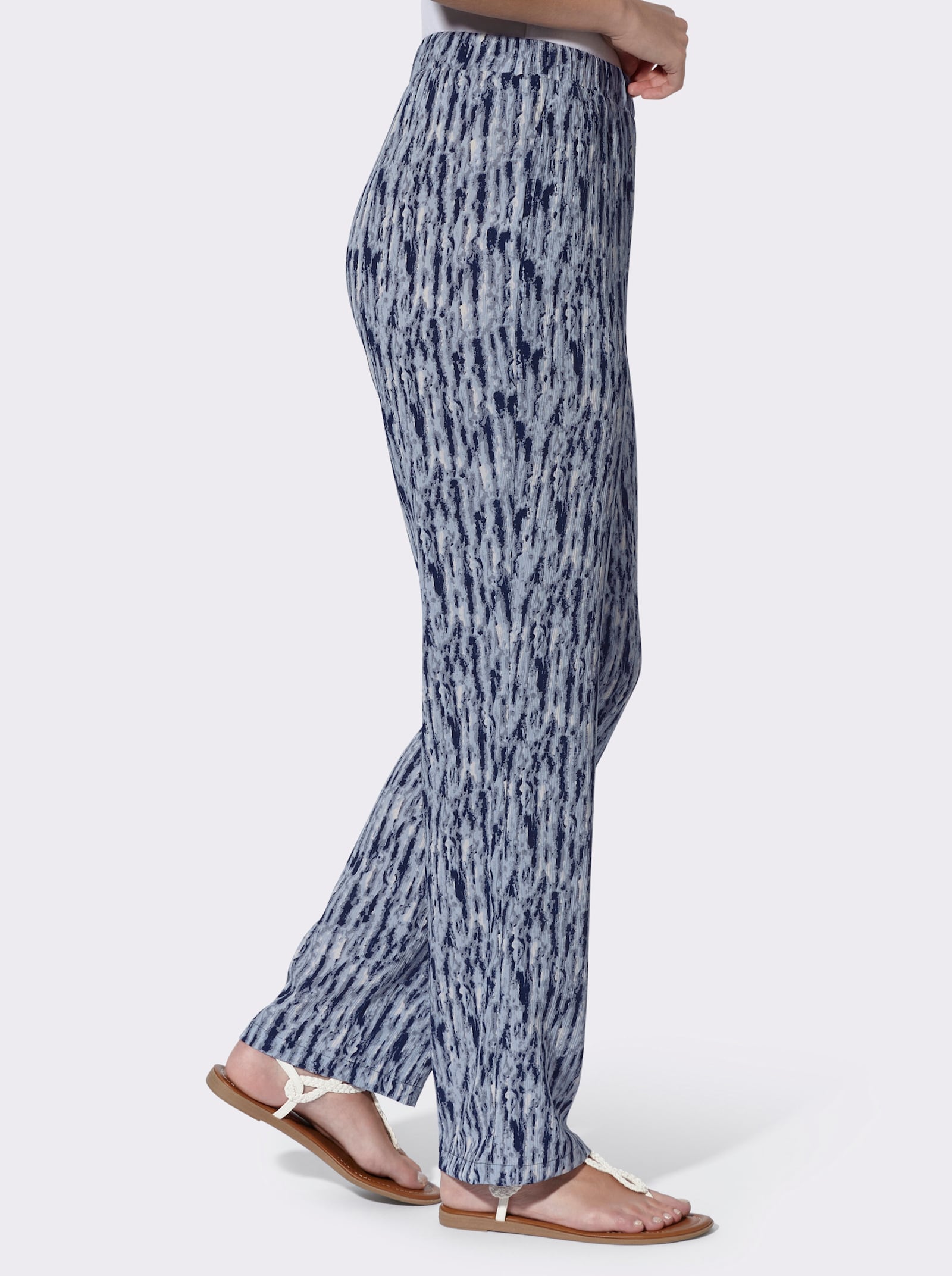 Comfortbroek met wijde pijpen - marine + duifblauw/ecru bedrukt