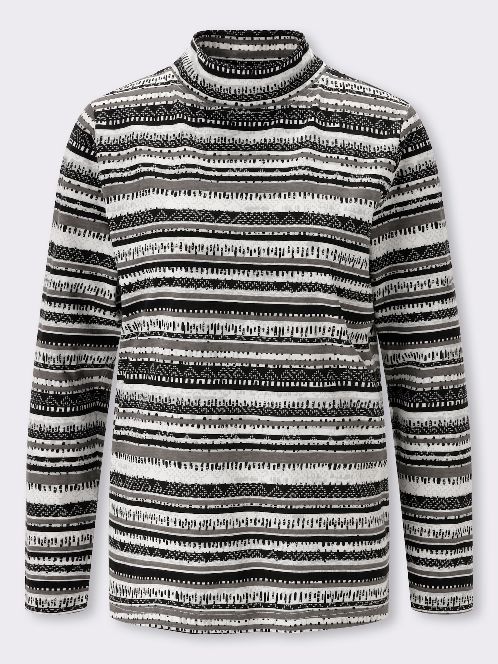 Stehkragenshirt mit Ethno-Druck - schwarz-ecru-bedruckt