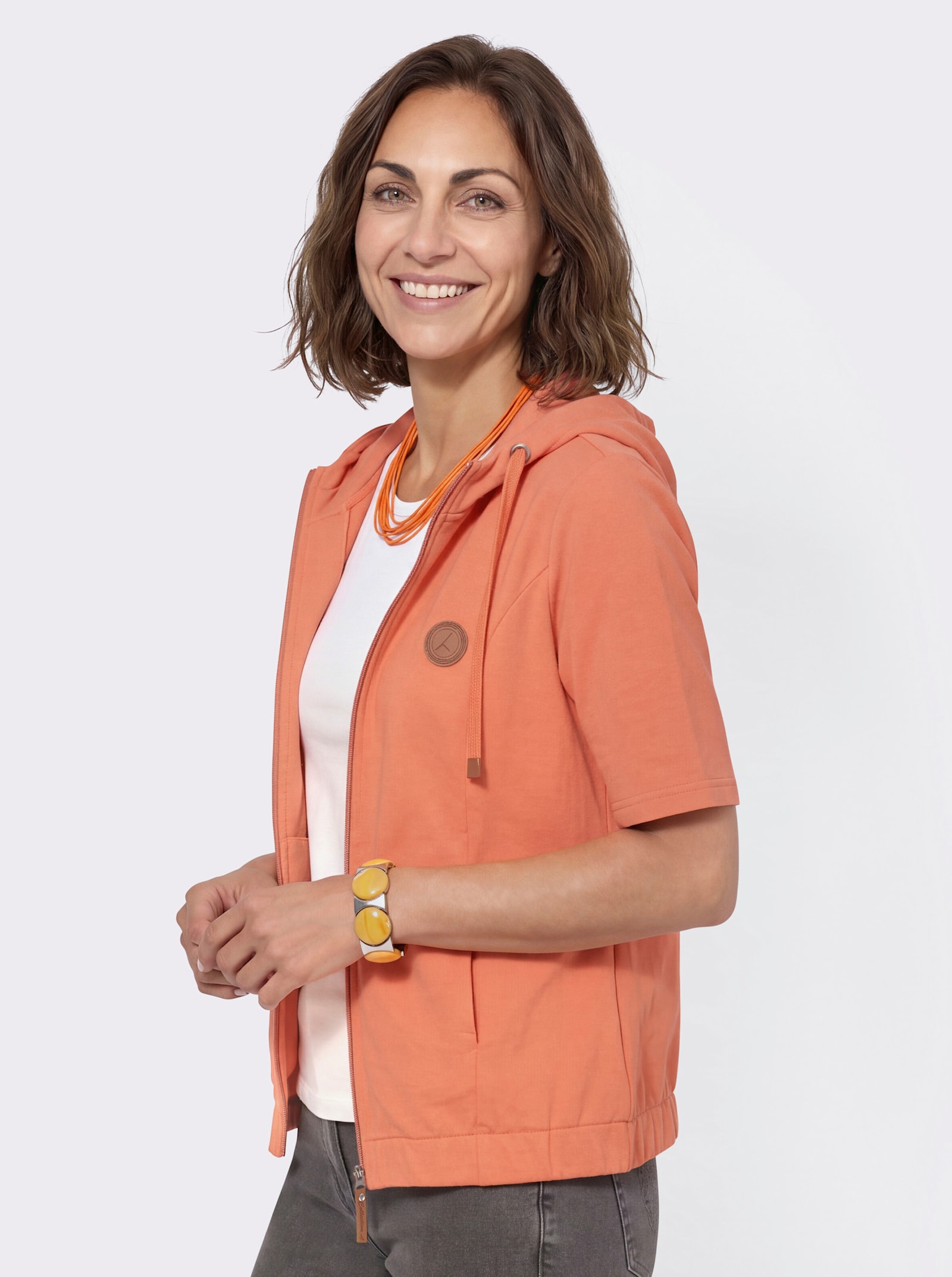 Shirtjacke mit Kapuze und Halbärmeln - papaya