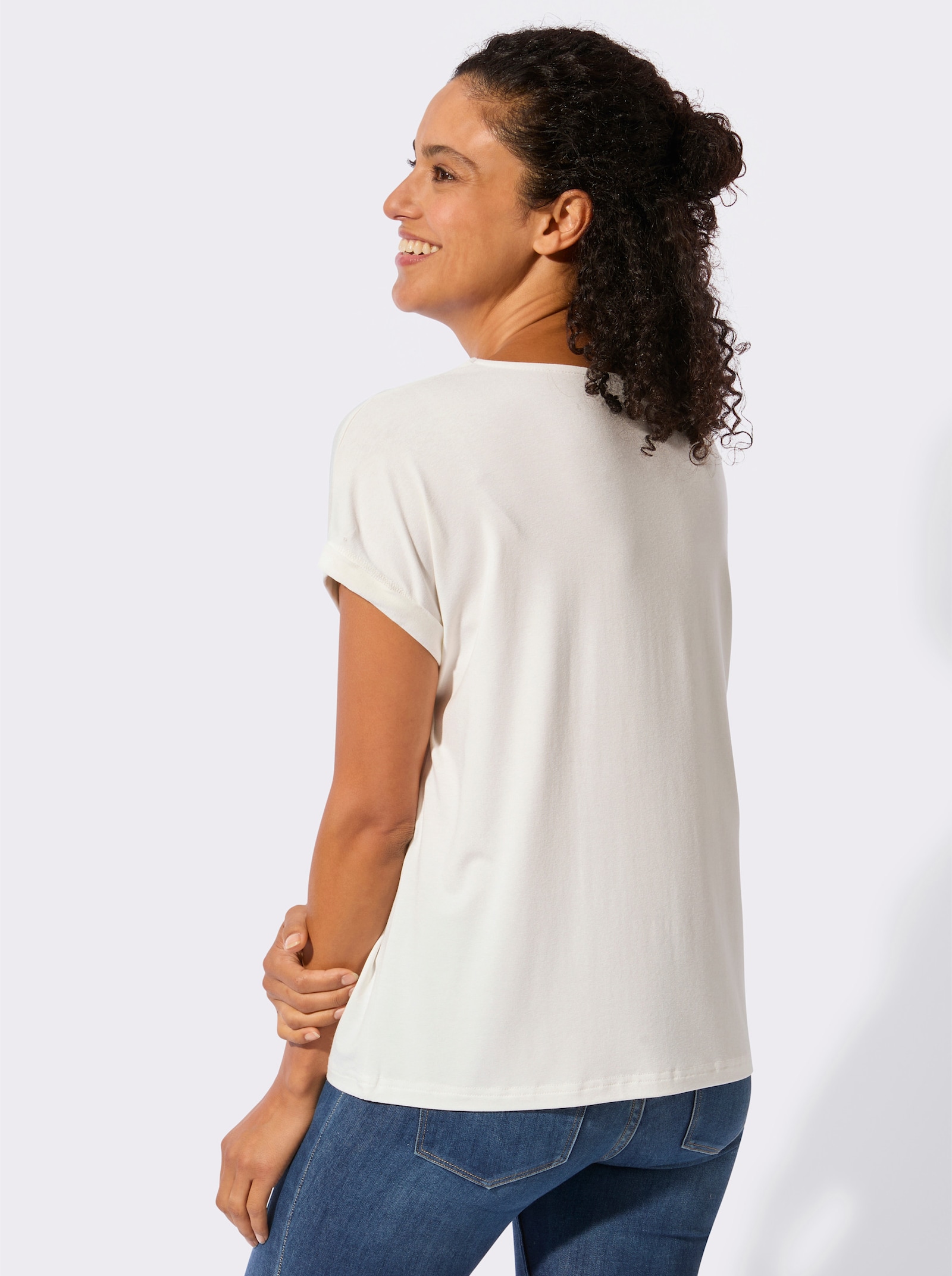 Rundhalsshirt mit Glanz-Akzenten - ecru-eucalyptus-bedruckt