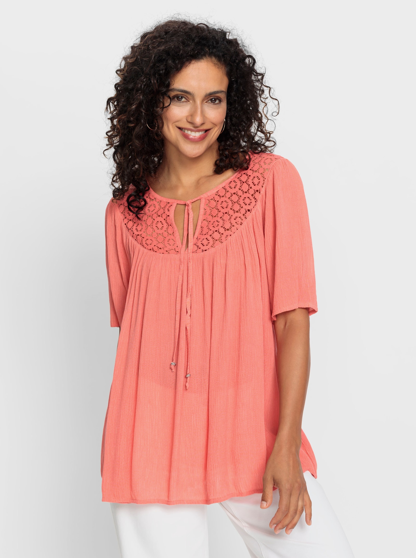 Tunika mit Häkel-Spitze - koralle
