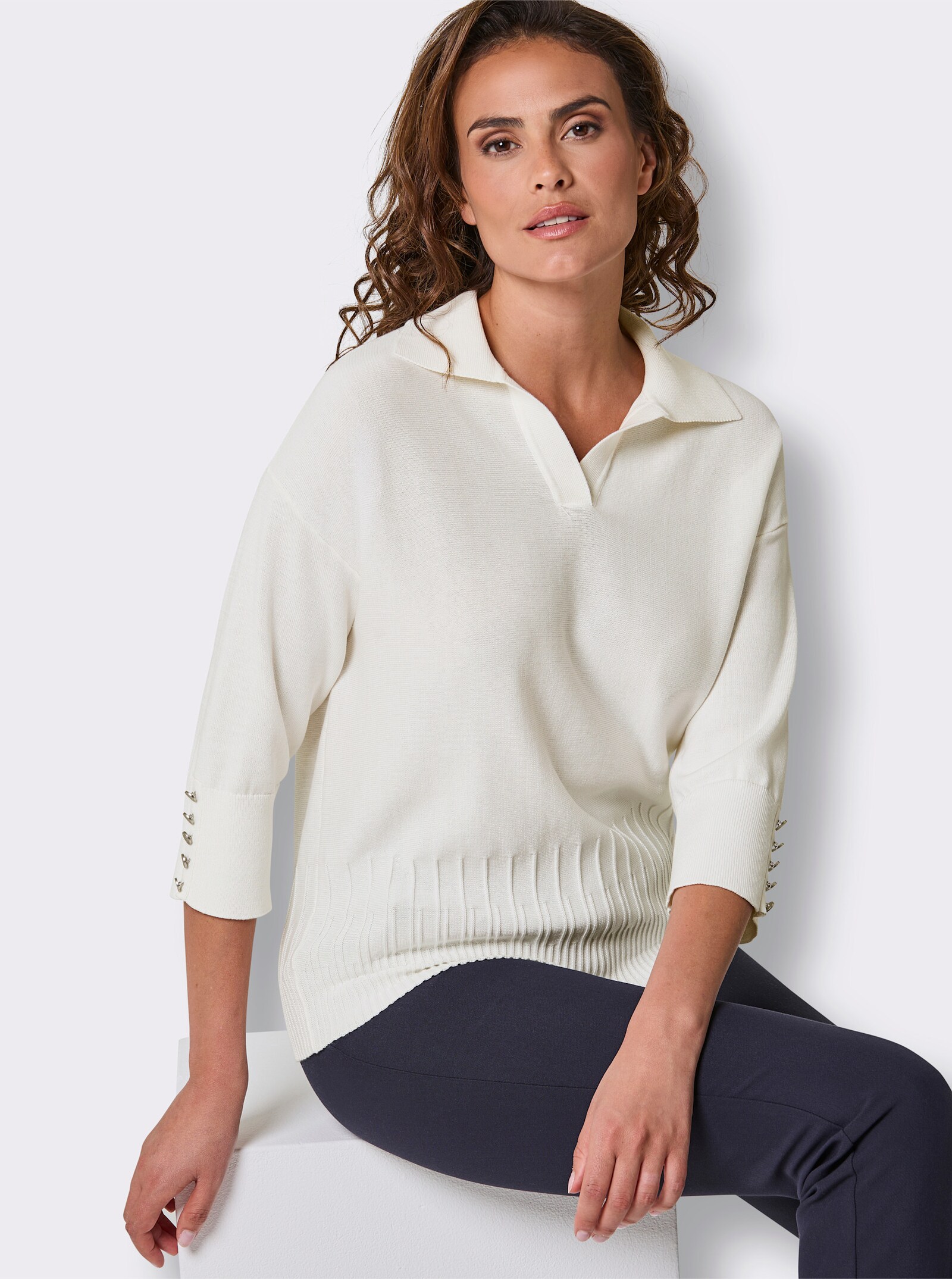CREATION L PREMIUM Polopullover aus Querstrick - ecru