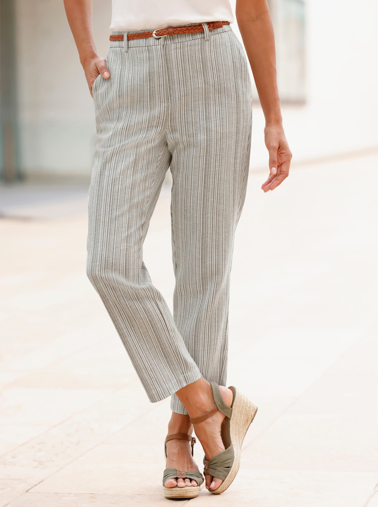 Leinenhose mit Jacquard-Muster - champagner-khaki-gestreift