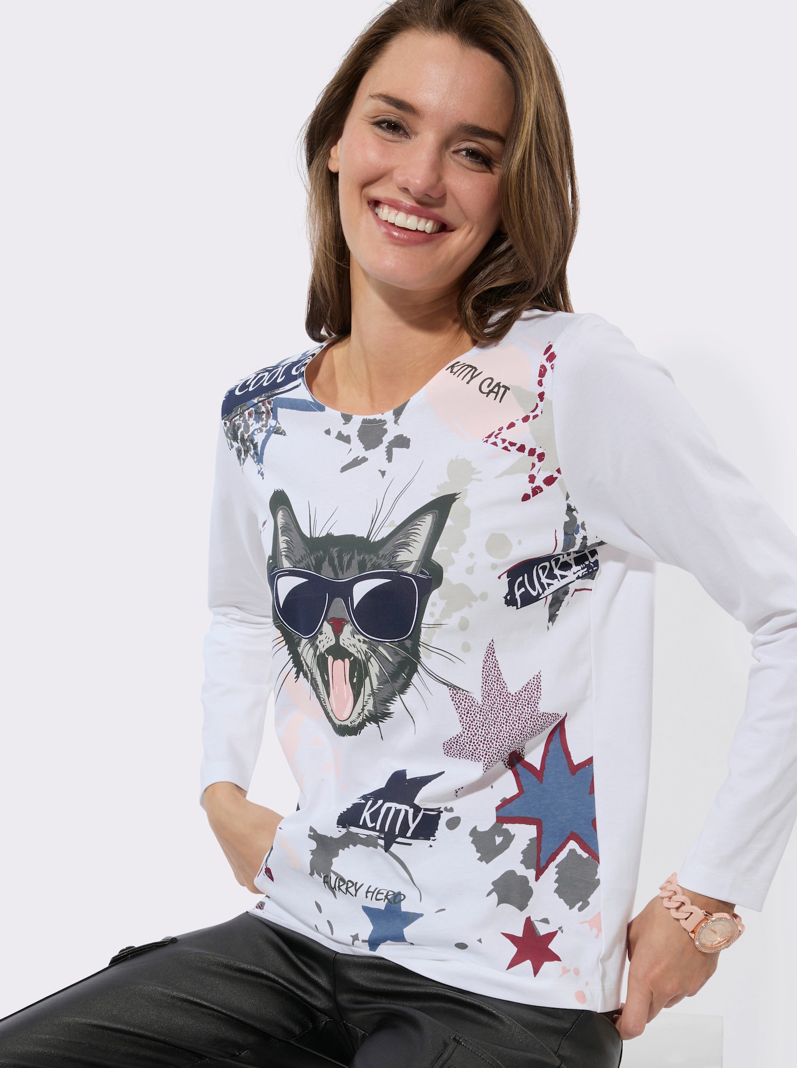 Langarmshirt mit Katzen-Motiv - marine-weiß-bedruckt