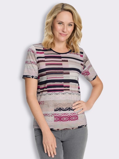 Kurzarmshirt mit grafischem Druck - burgund-rosé-bedruckt