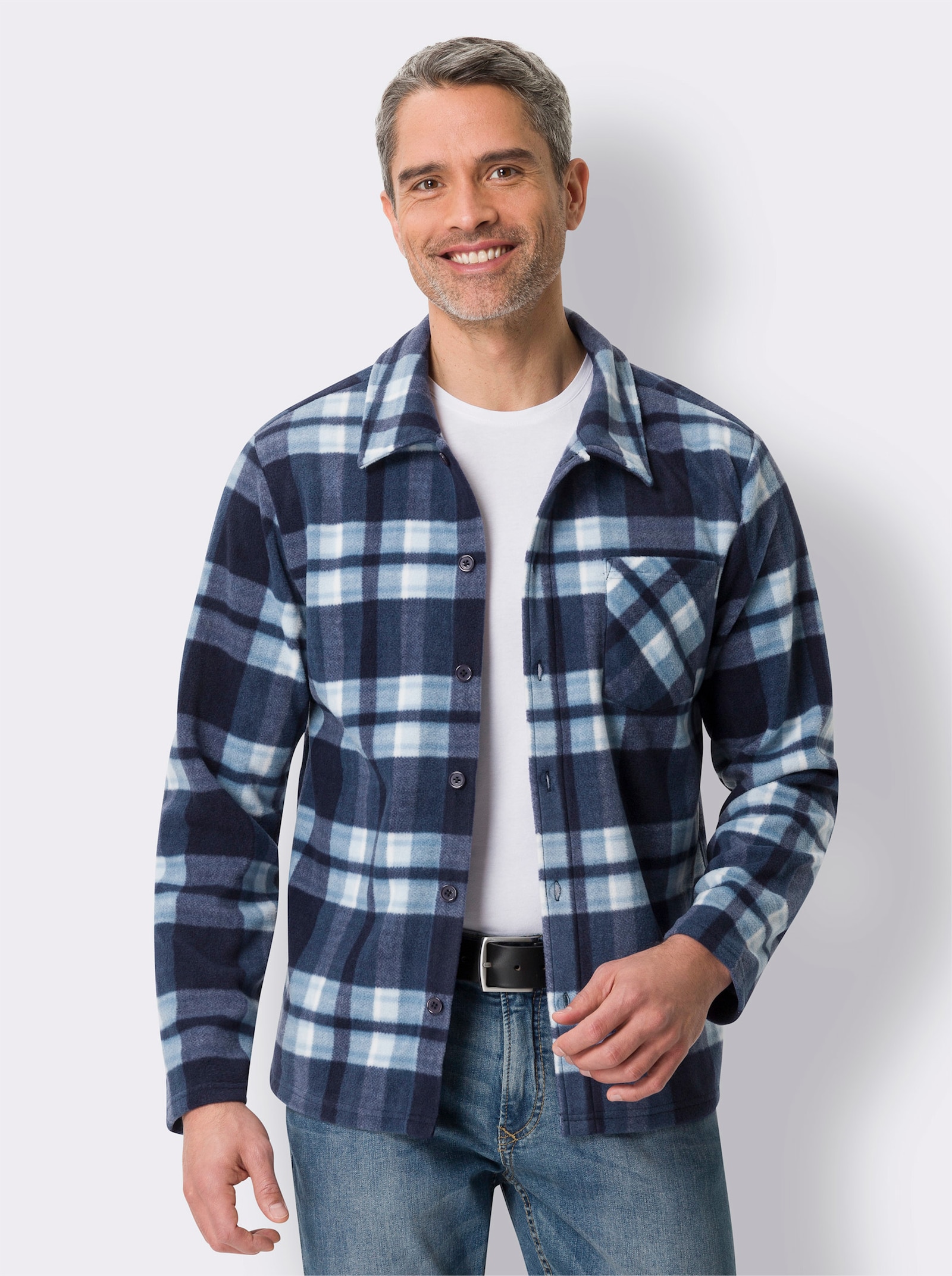 Fleecová bunda s kostkovaným vzorem - námořnická modrá-džínová modrá-kostka