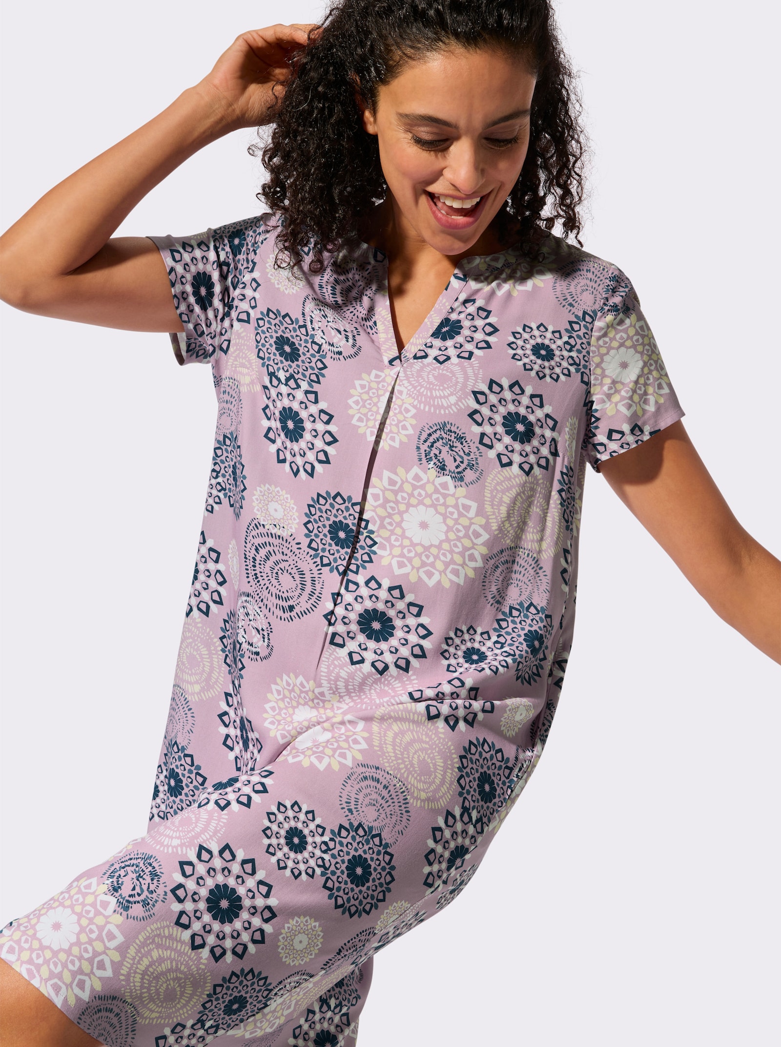 Webkleid in ornamentalem Dessin - mauve-dunkelblau-bedruckt