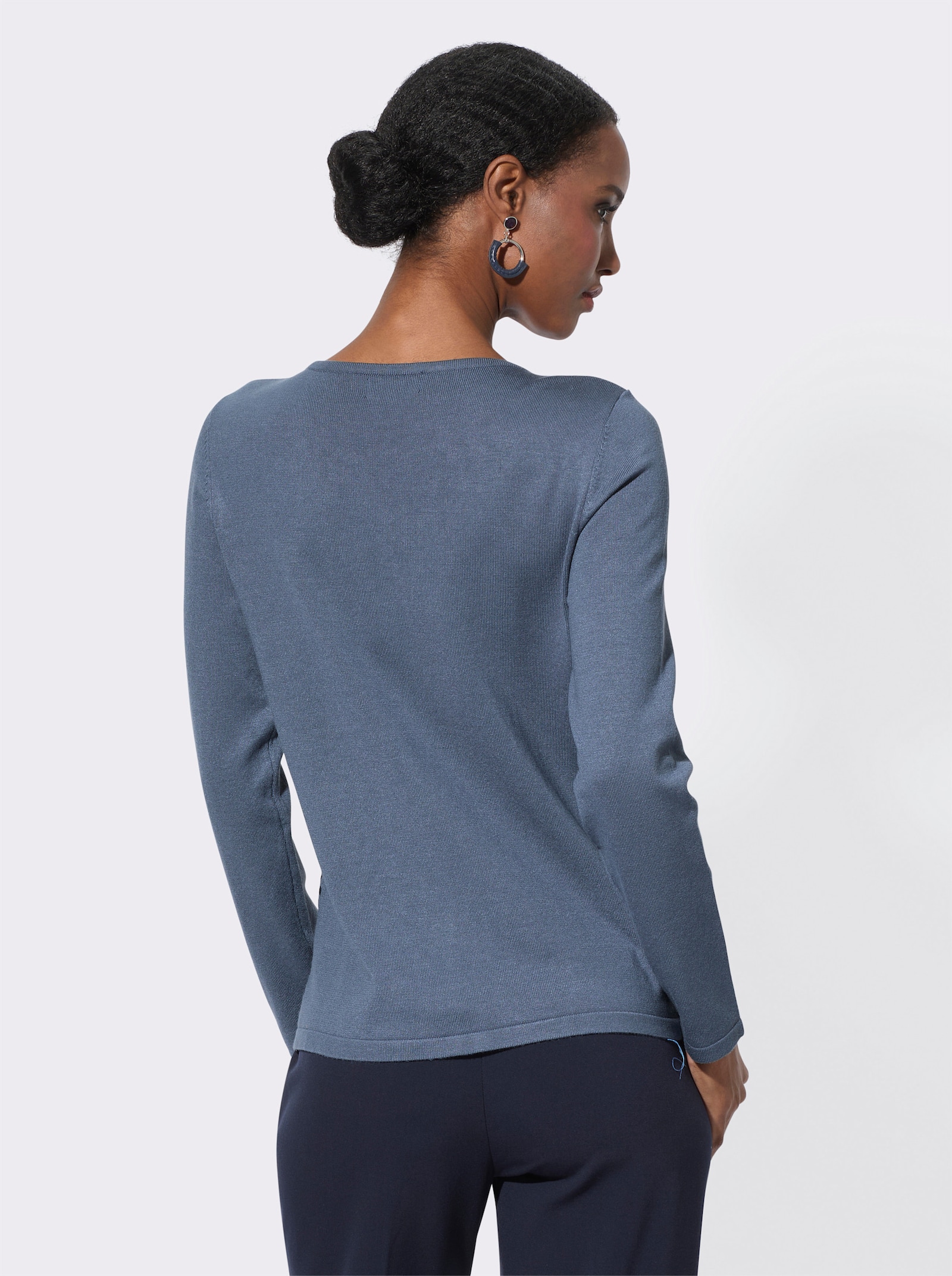 Langarm-Pullover mit Folien-Druck - rauchblau-marine-bedruckt