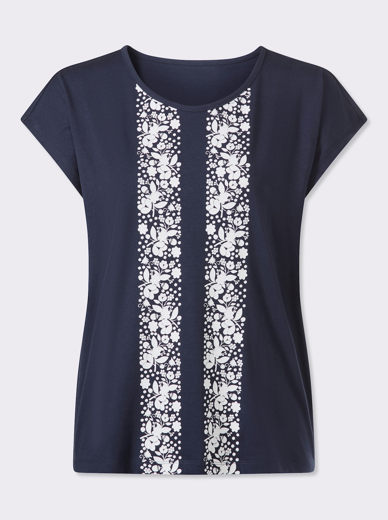 Kurzarmshirt mit Blumenmuster - marine-weiß