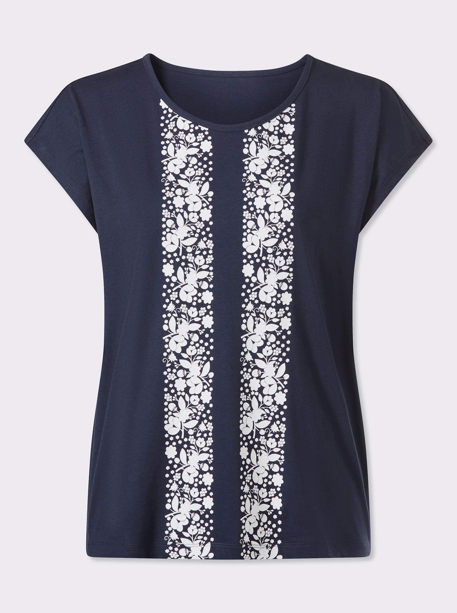 Kurzarmshirt mit Blumenmuster - marine-weiß
