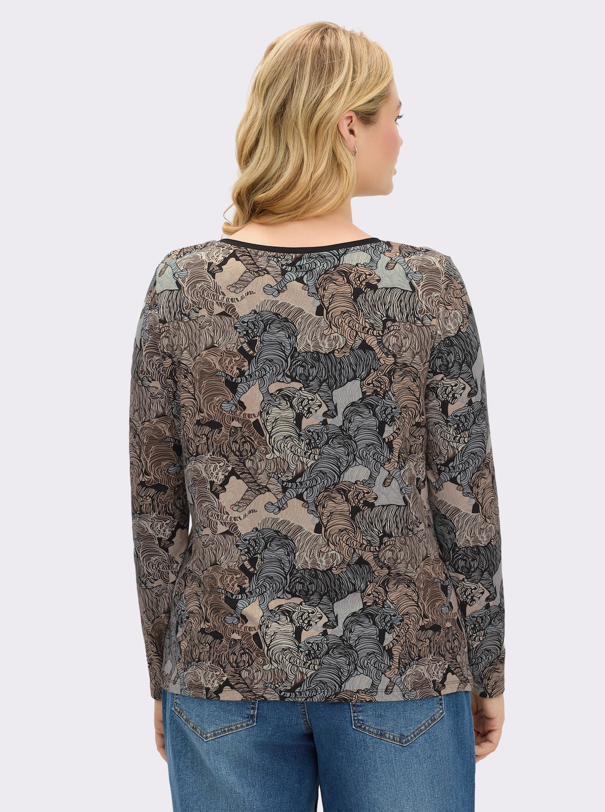 Langarmshirt mit kontrastfarbiger Paspel - schwarz-sand-bedruckt