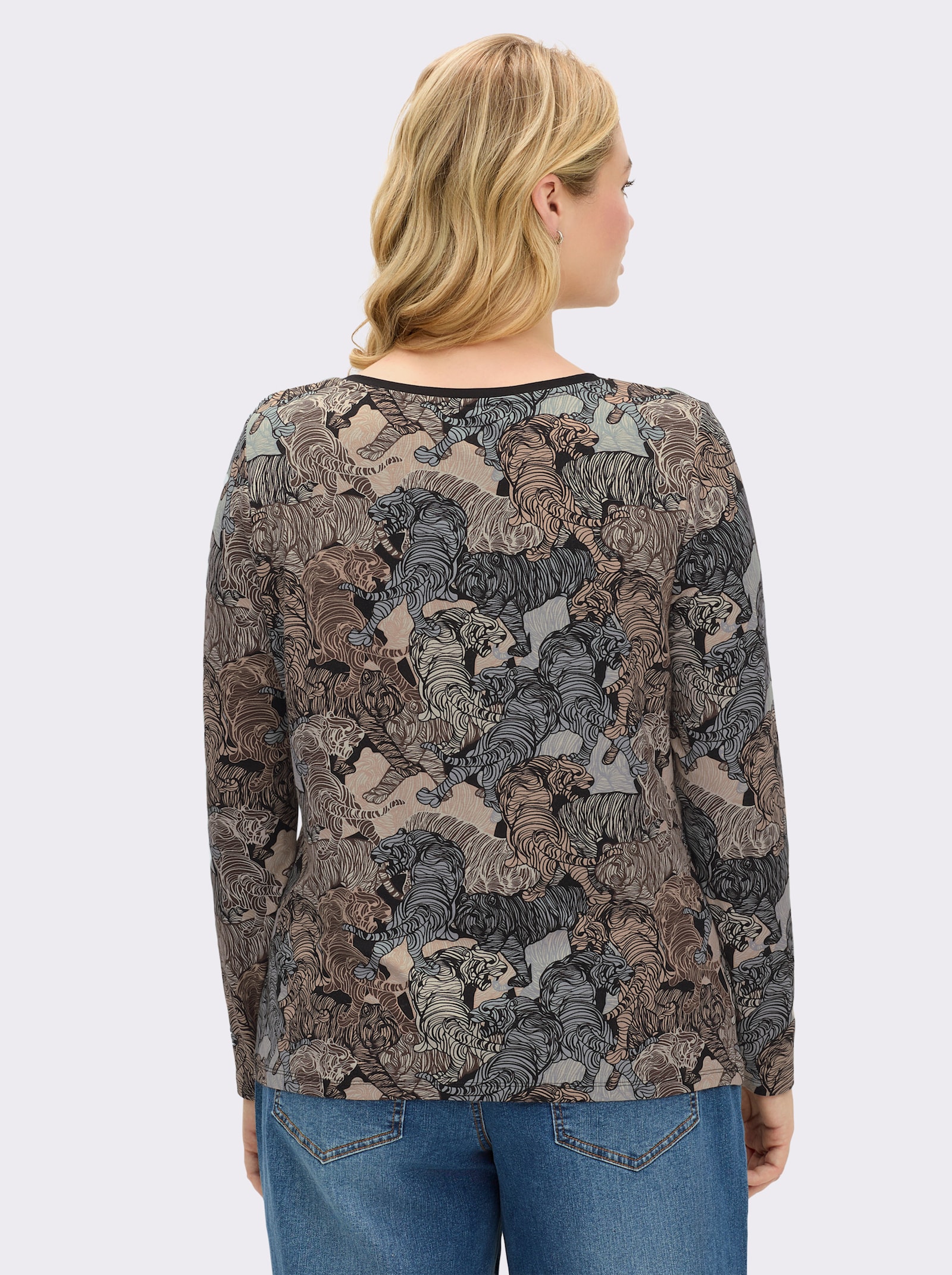 Langarmshirt mit kontrastfarbiger Paspel - schwarz-sand-bedruckt