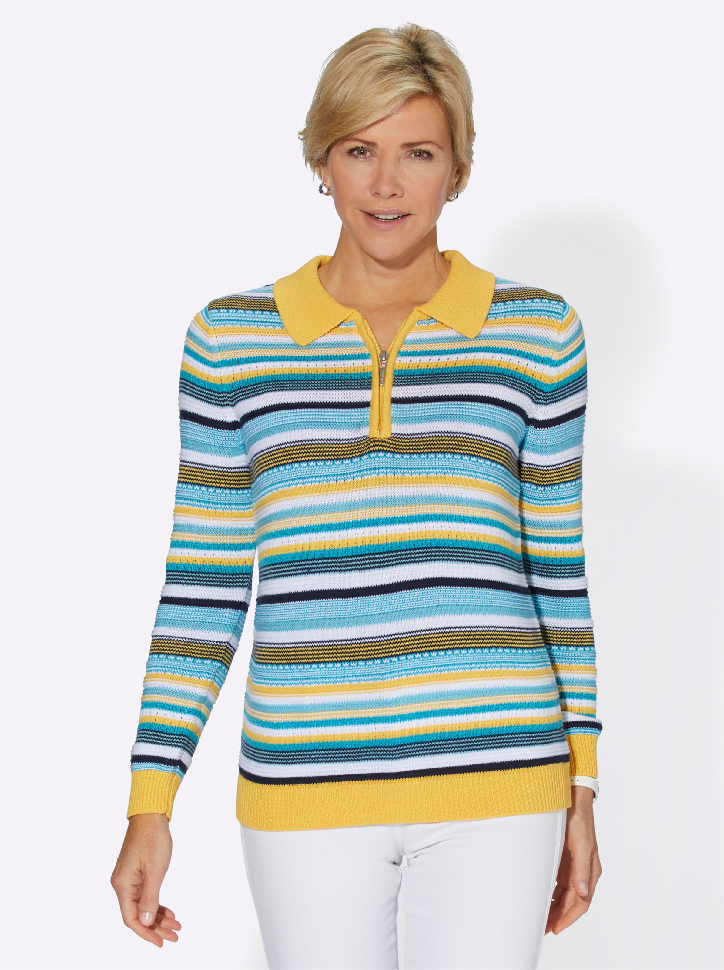 Witt Damen Langarm-Pullover mit Struktur- und Ajourmuster-Mix, gelb-türkis-geringelt