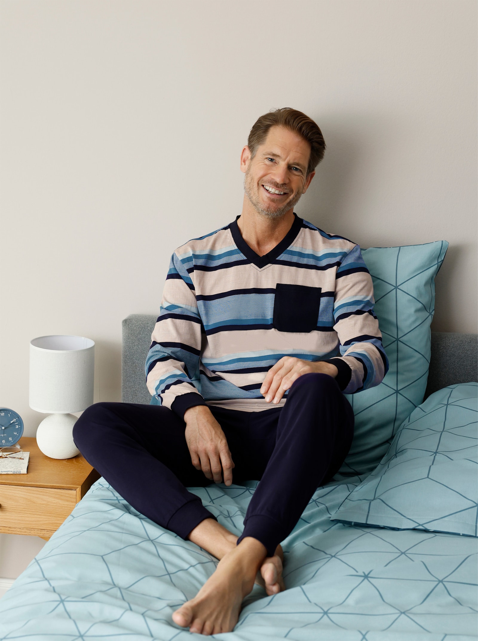 wäschepur men Schlafanzug - marine-ecru-geringelt