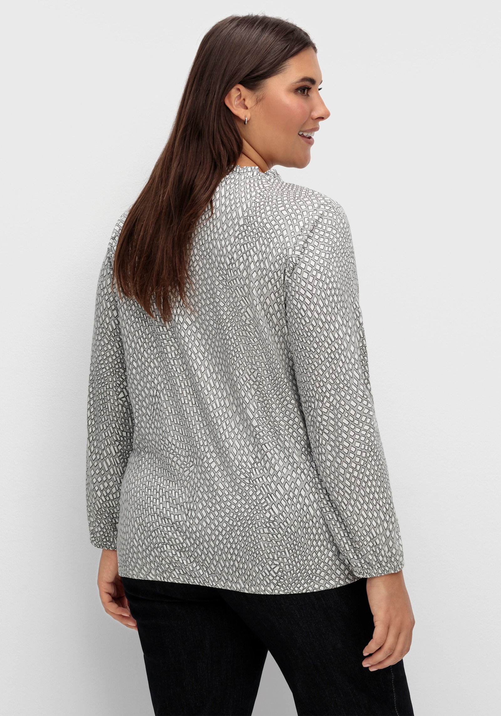 Langarmshirt im Material-Mix - steingrau-ecru-bedruckt