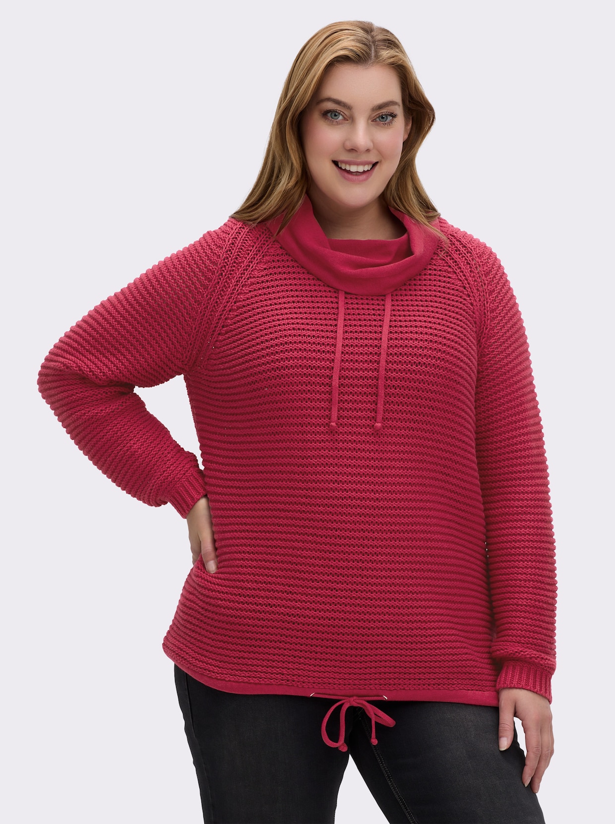 Rollkragenpullover mit Tunnelzug und Bindeband - himbeerrot