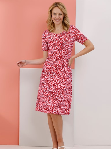 Jerseykleid im Millesfleurs-Dessin - rot-weiß-bedruckt