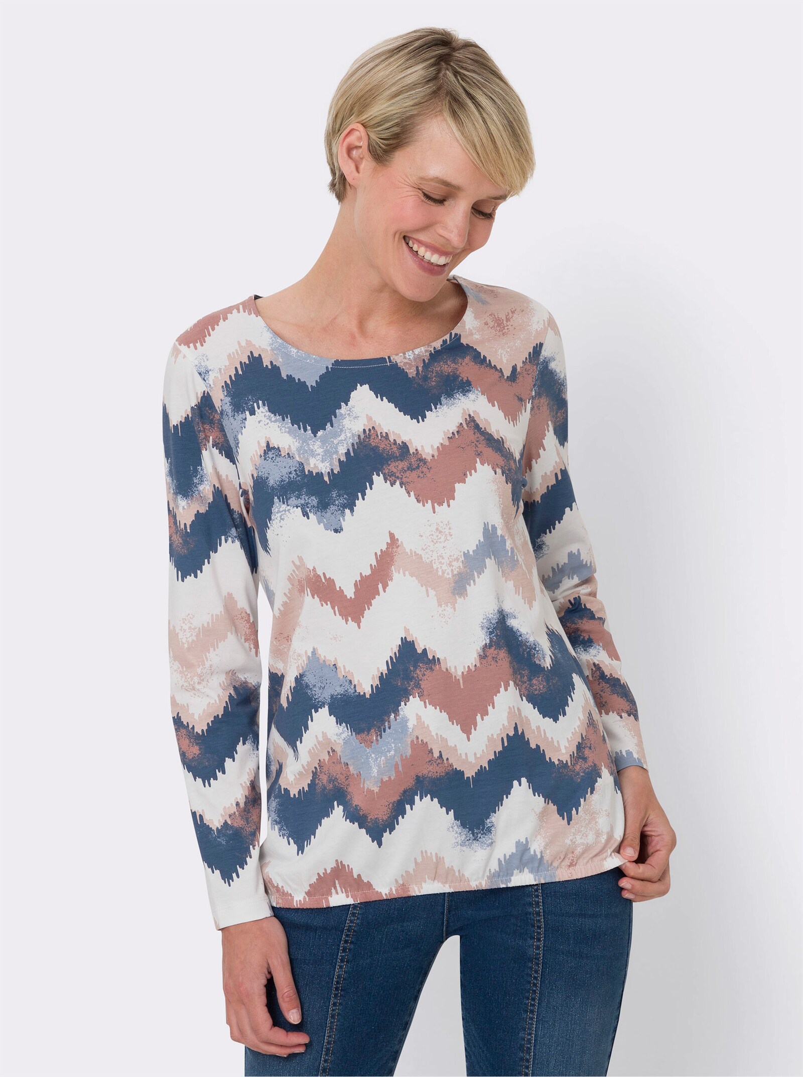 Langarmshirt mit Gummizug am Saum - ecru-jeansblau-bedruckt