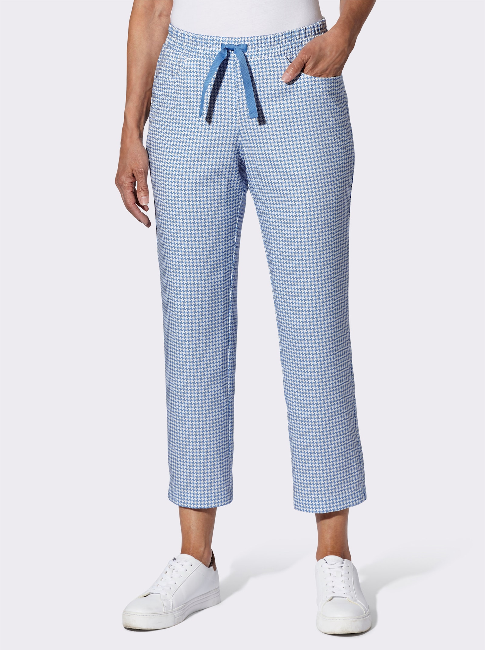 7/8-Hose in Schlupfform - mittelblau-ecru-bedruckt