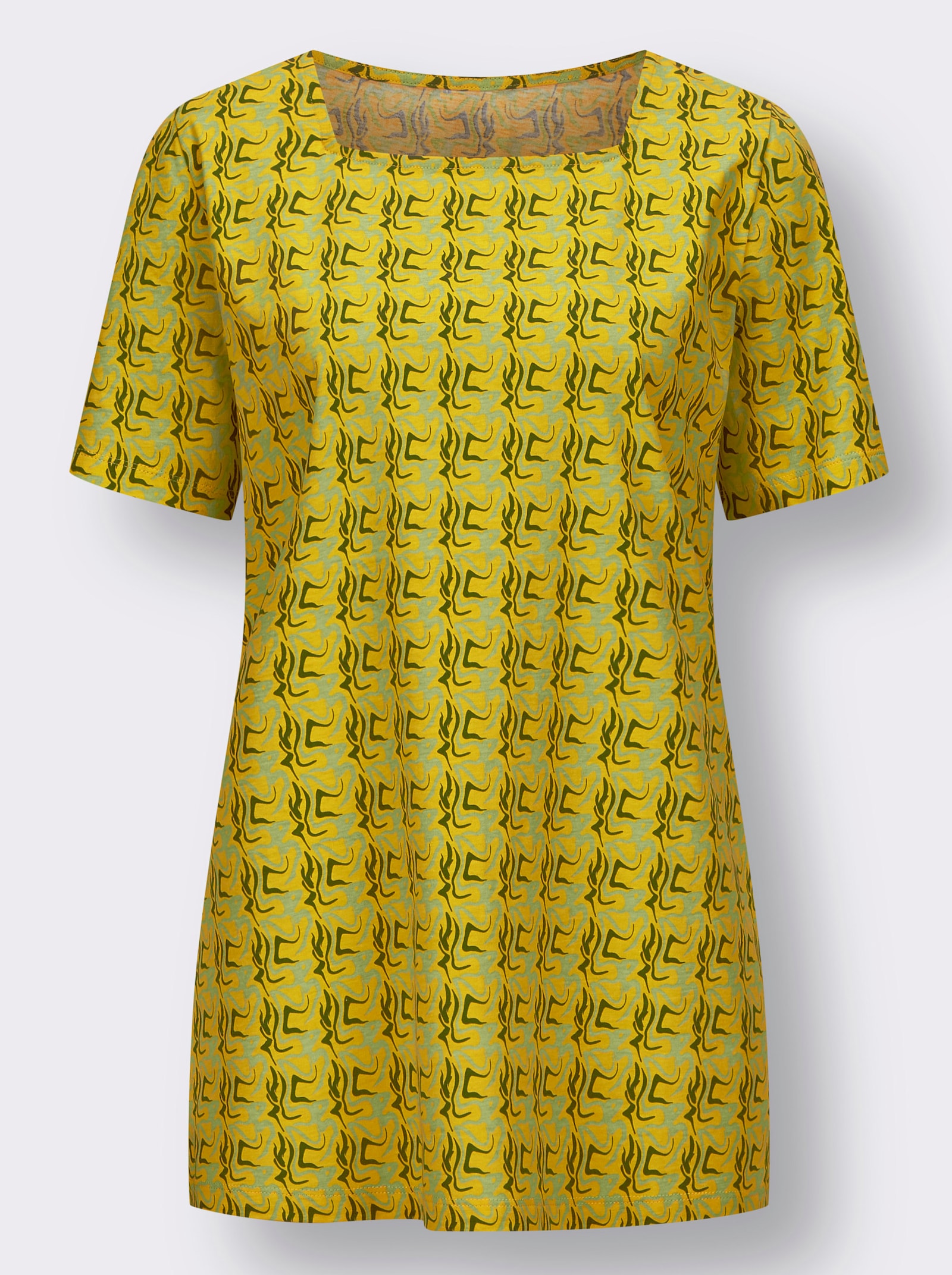 Dlouhé tričko s mramorovým vzorem - sluneční žlutá-olivová-potisk