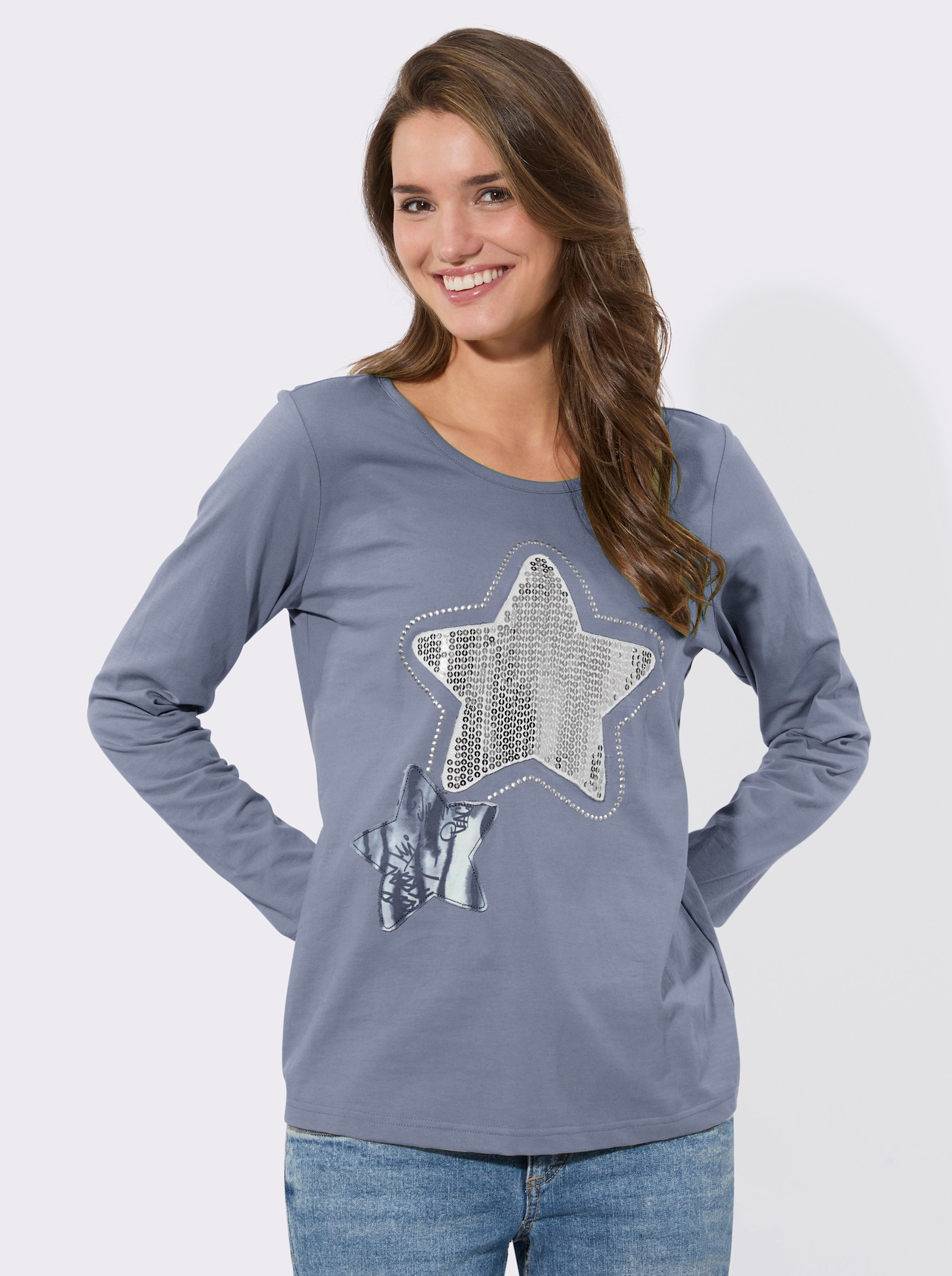 Rundhalsshirt mit Sternen-Motiv - taubenblau