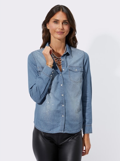 Jeansbluse mit Glitzersteinchen - blue-bleached