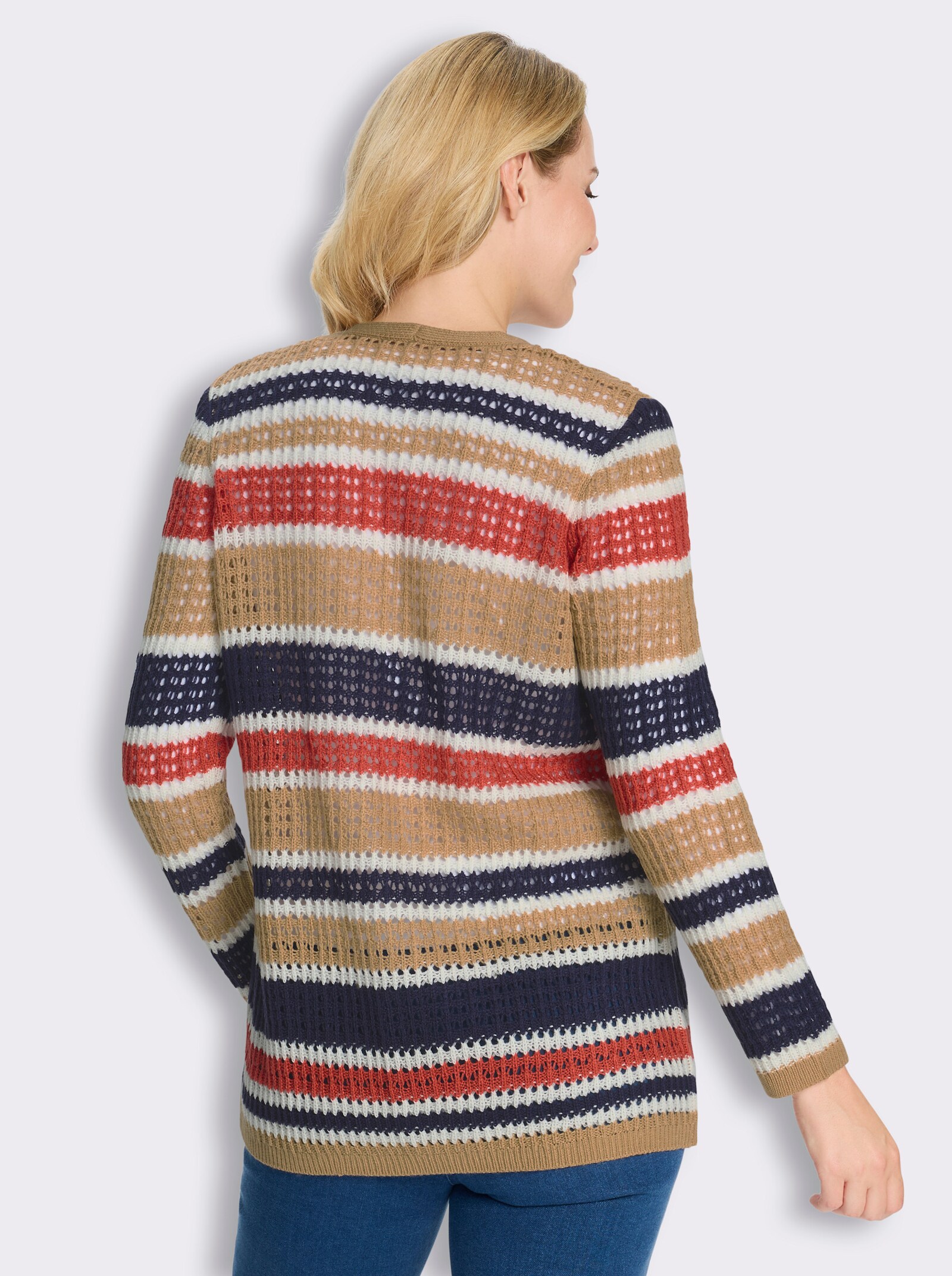 Longstrickjacke mit Ajour-Muster und Streifen - camel-ecru-gemustert