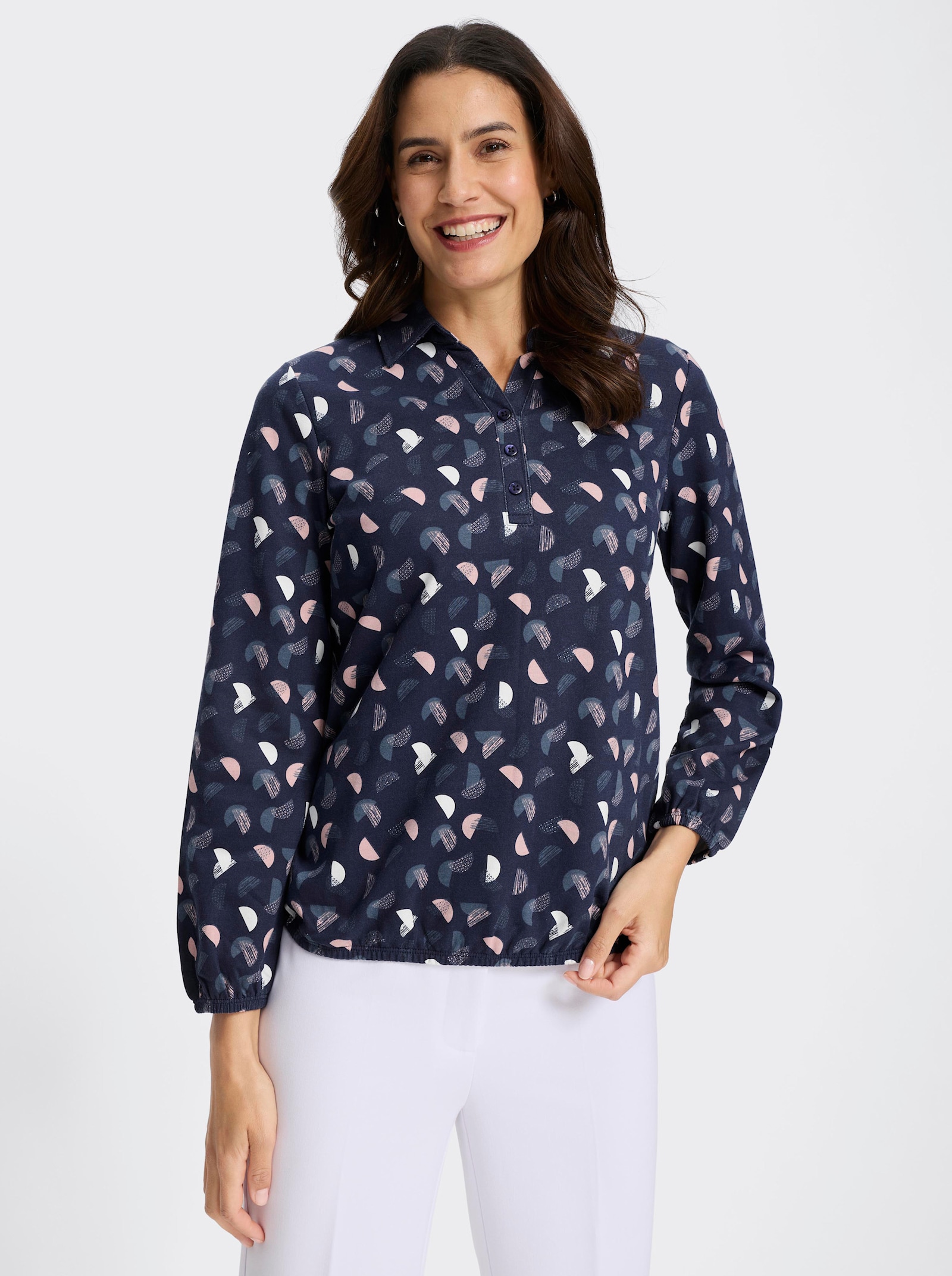 Langarm-Poloshirt mit kurzer Knopfleiste - marine-hortensie-bedruckt