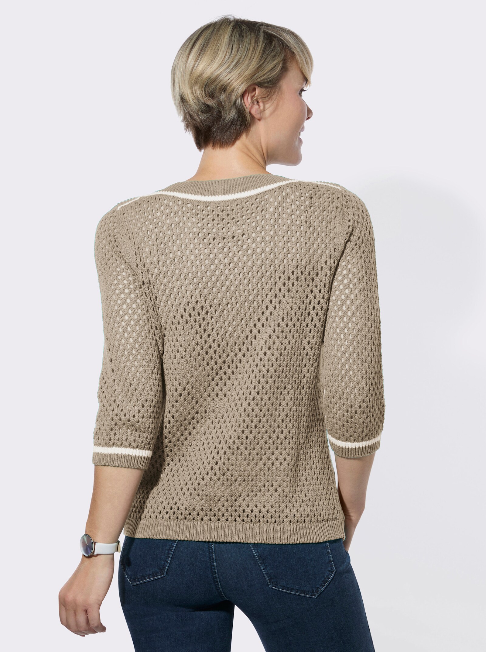 3/4-Arm-Pullover mit Ajourstrickmuster - sesam