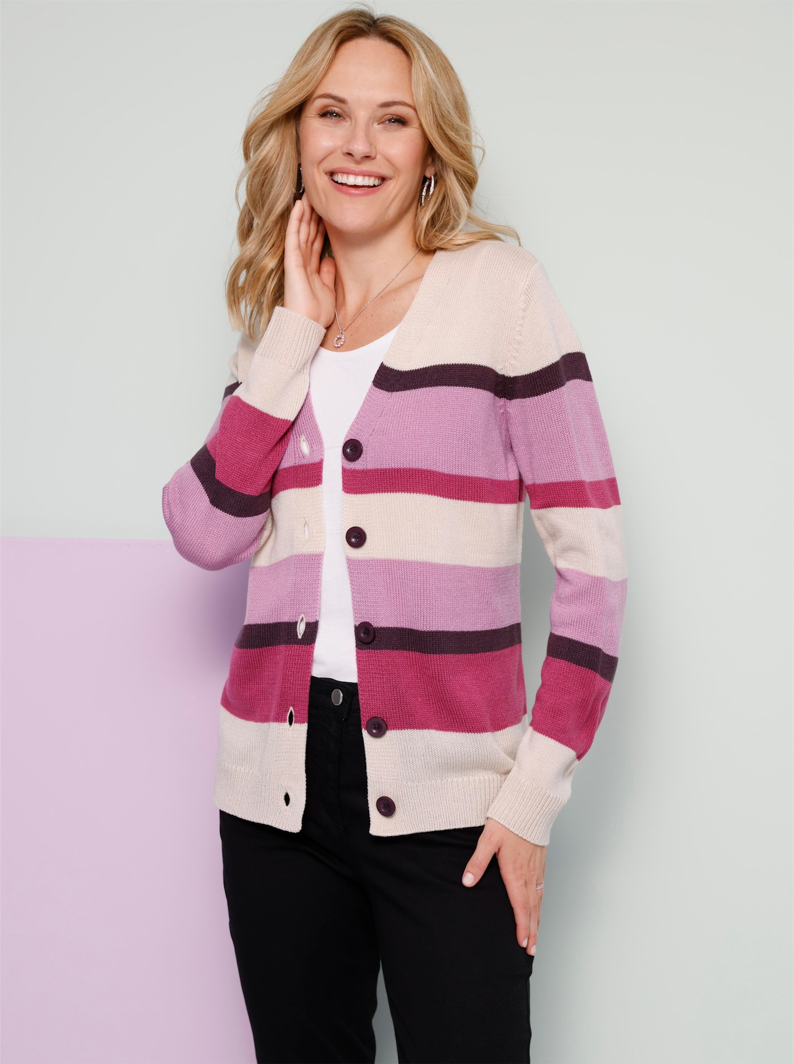 Strickjacke im Streifenmuster - elfenbein-orchidee-geringelt