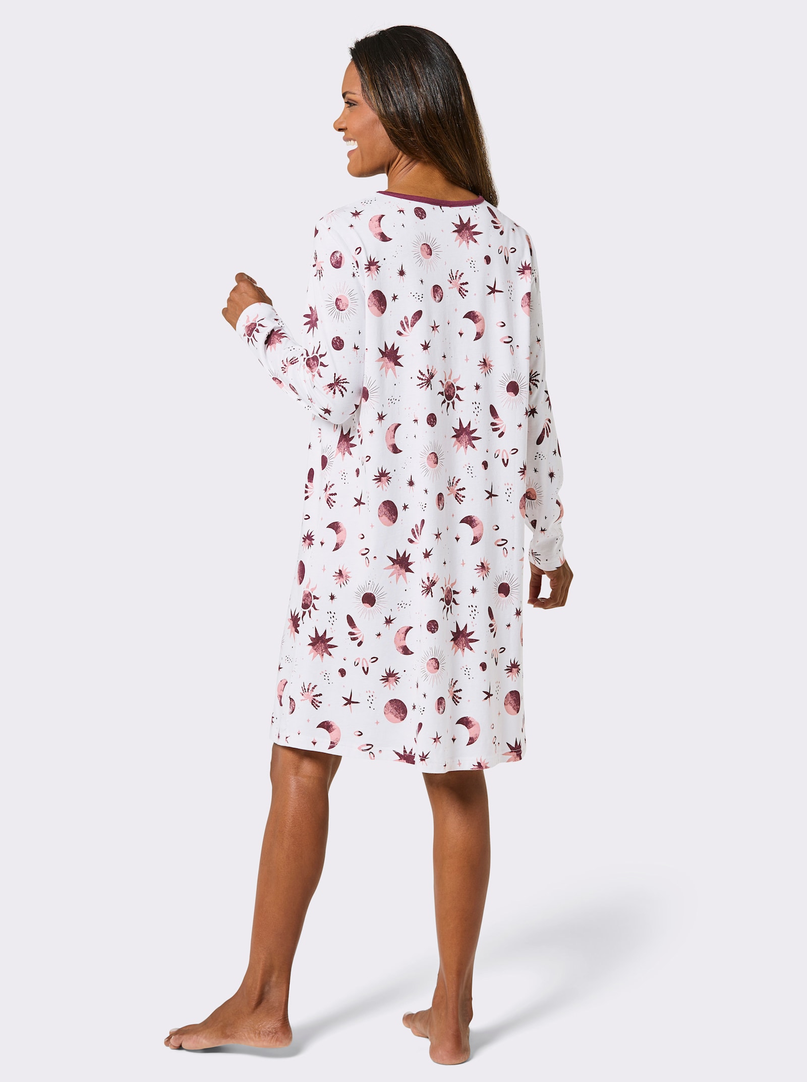 wäschepur Langarm-Sleepshirt in leichter A-Form - ecru-burgund-bedruckt