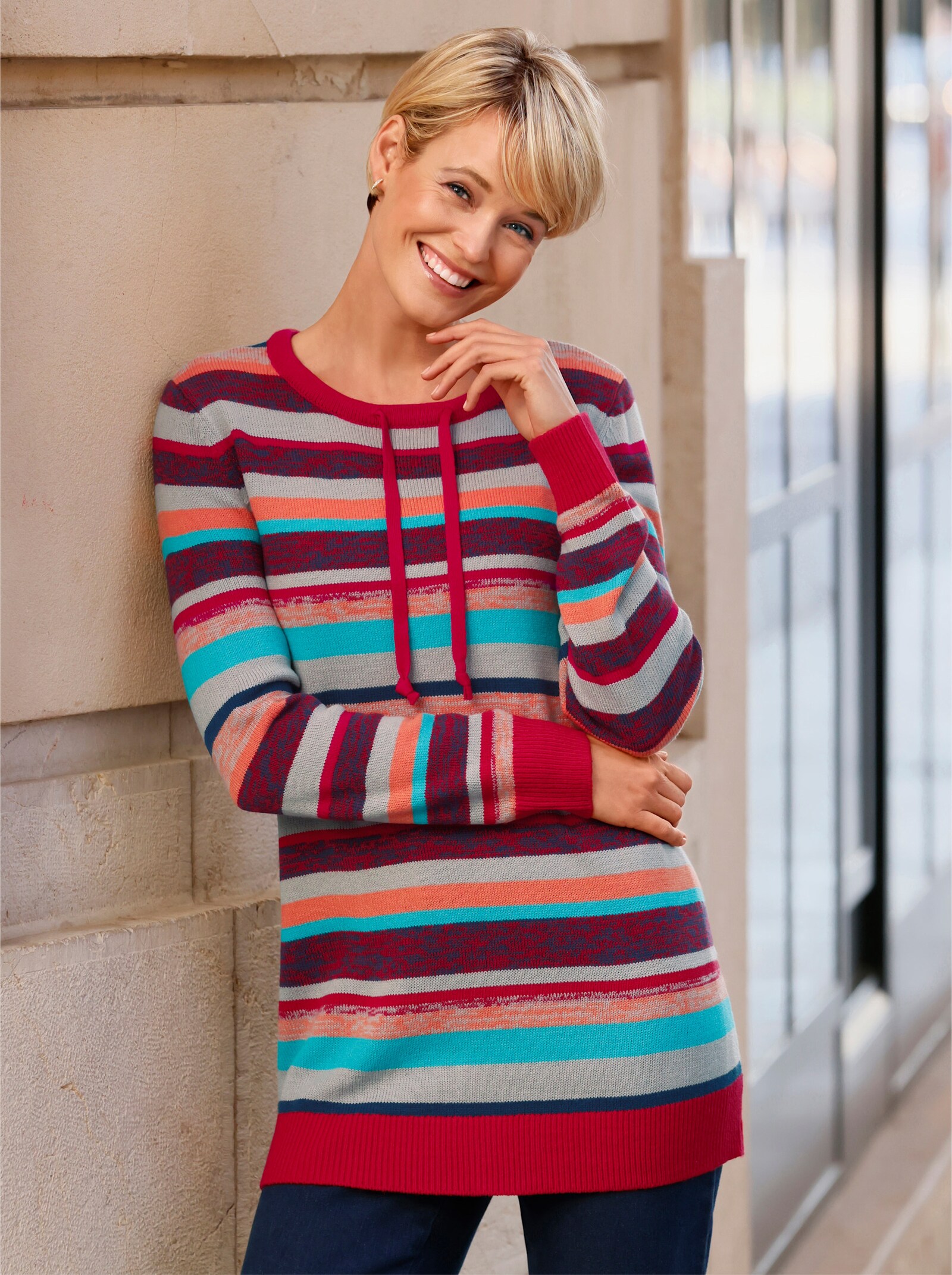 Lange pullover met streeppatroon - rood/papaja gestreept