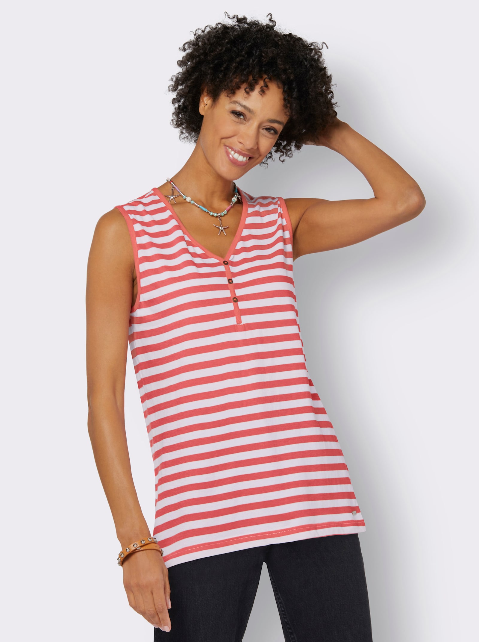 Streepjesshirt met sierknoopsluiting - koraal/wit gestreept