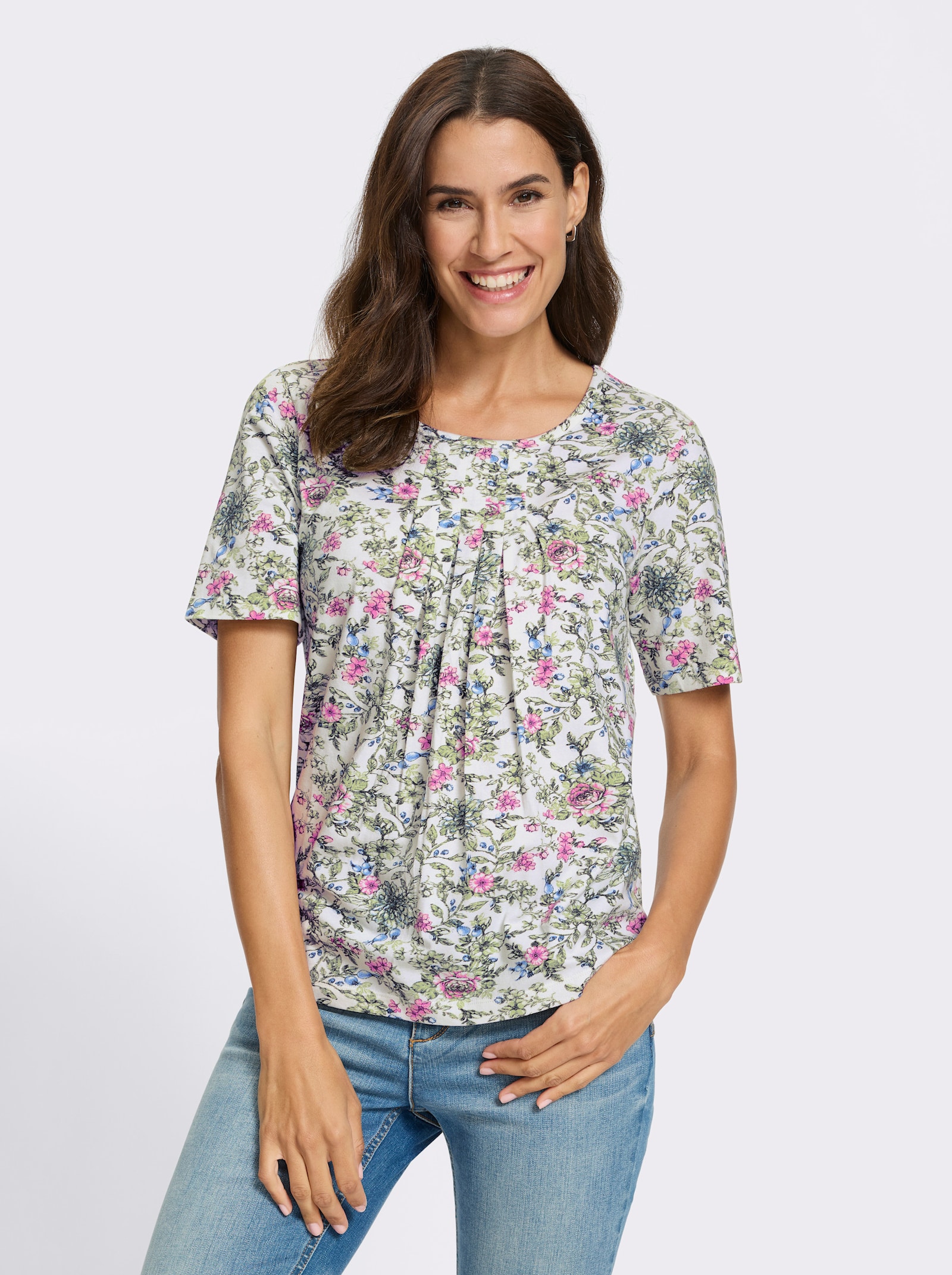 Topp med tryck i utställd modell - ecru-khaki, med tryck