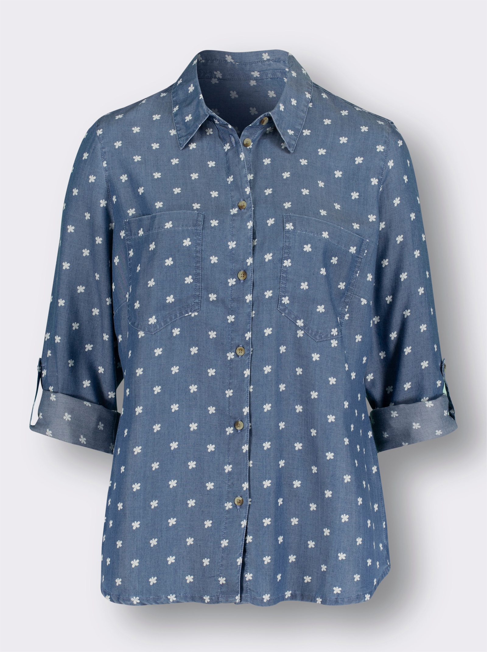 Hemdbluse mit krempelbaren Ärmeln - blue-bleached-bedruckt