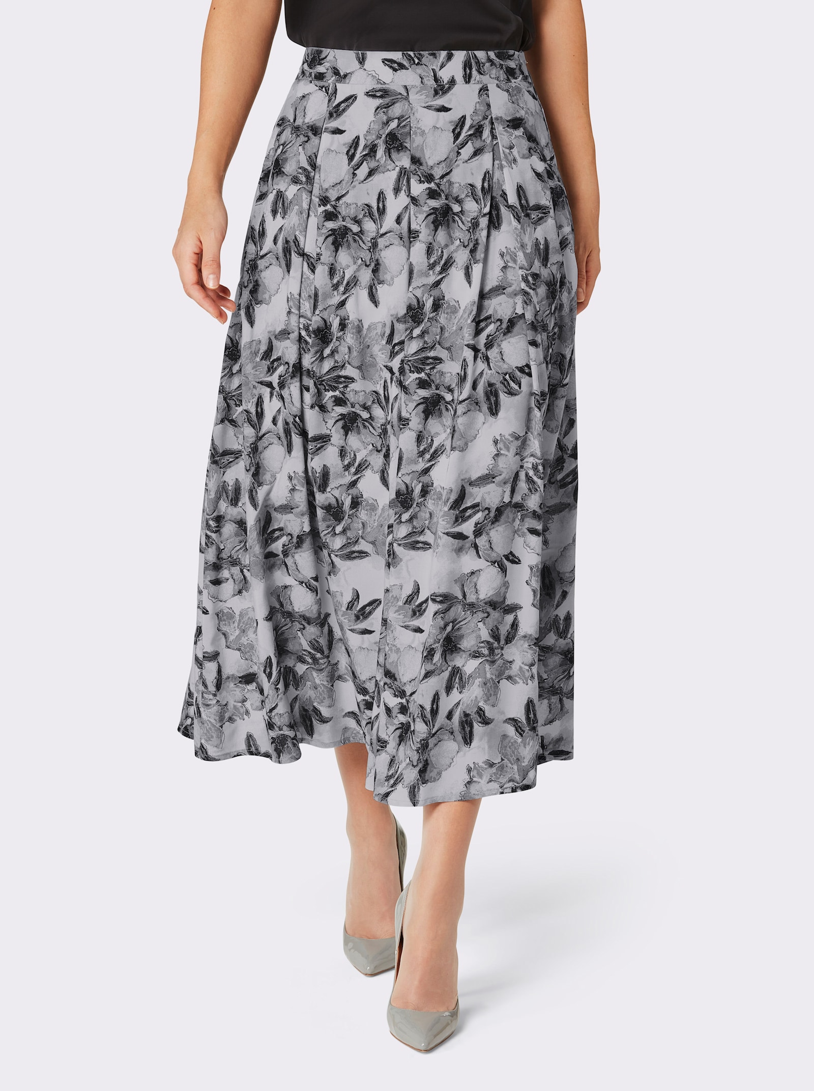 CREATION L PREMIUM A-Linien-Rock aus glänzendem Modal - hellgrau-schwarz-bedruckt