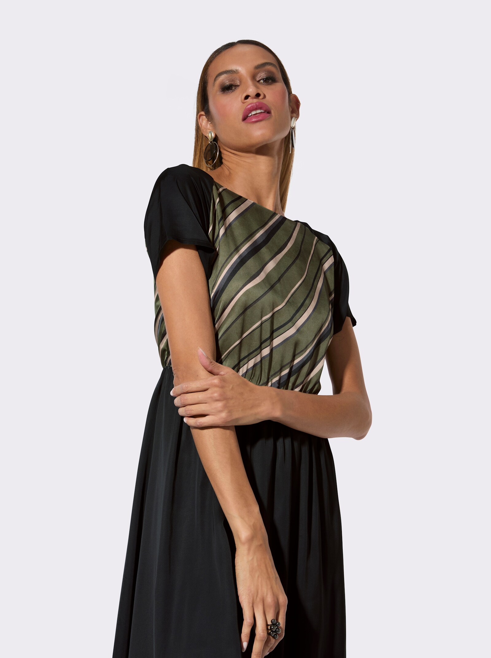 Webkleid mit Reißverschluss hinten - khaki-graphit-gestreift