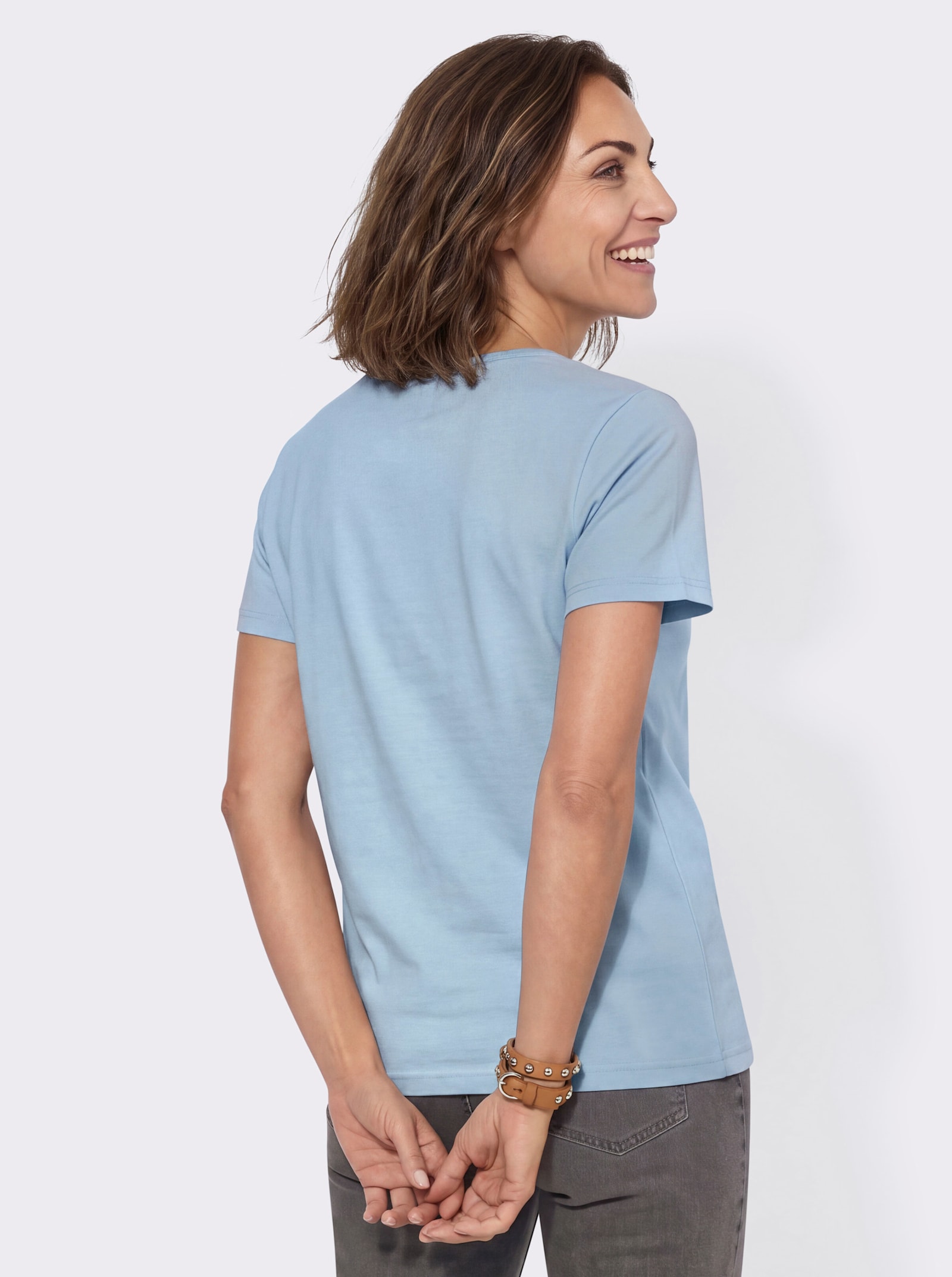 Kurzarmshirt mit platziertem Schriftzug - hellblau